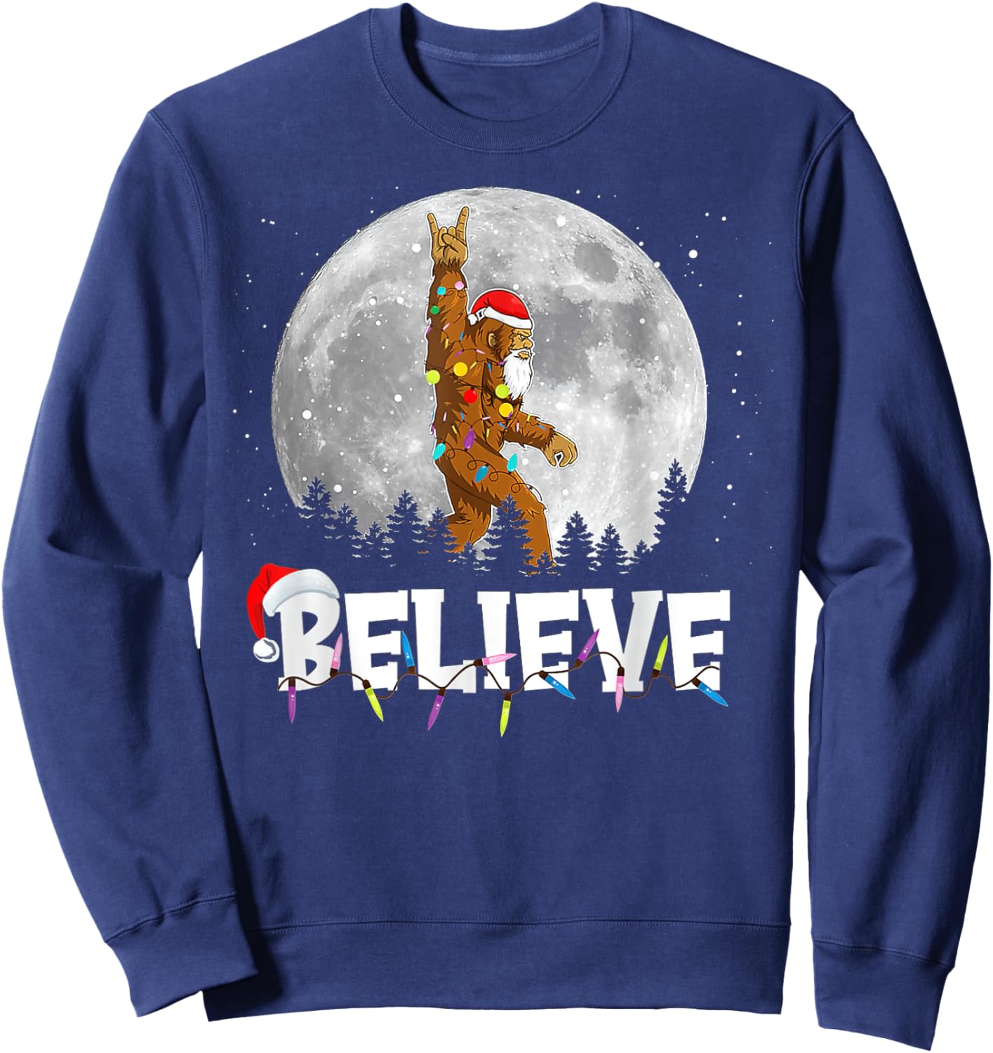 Santa Bigfoot Christmas Light Funny Sasquatch Believe Xmas Sweatshirt - Sweatshirt | Navy