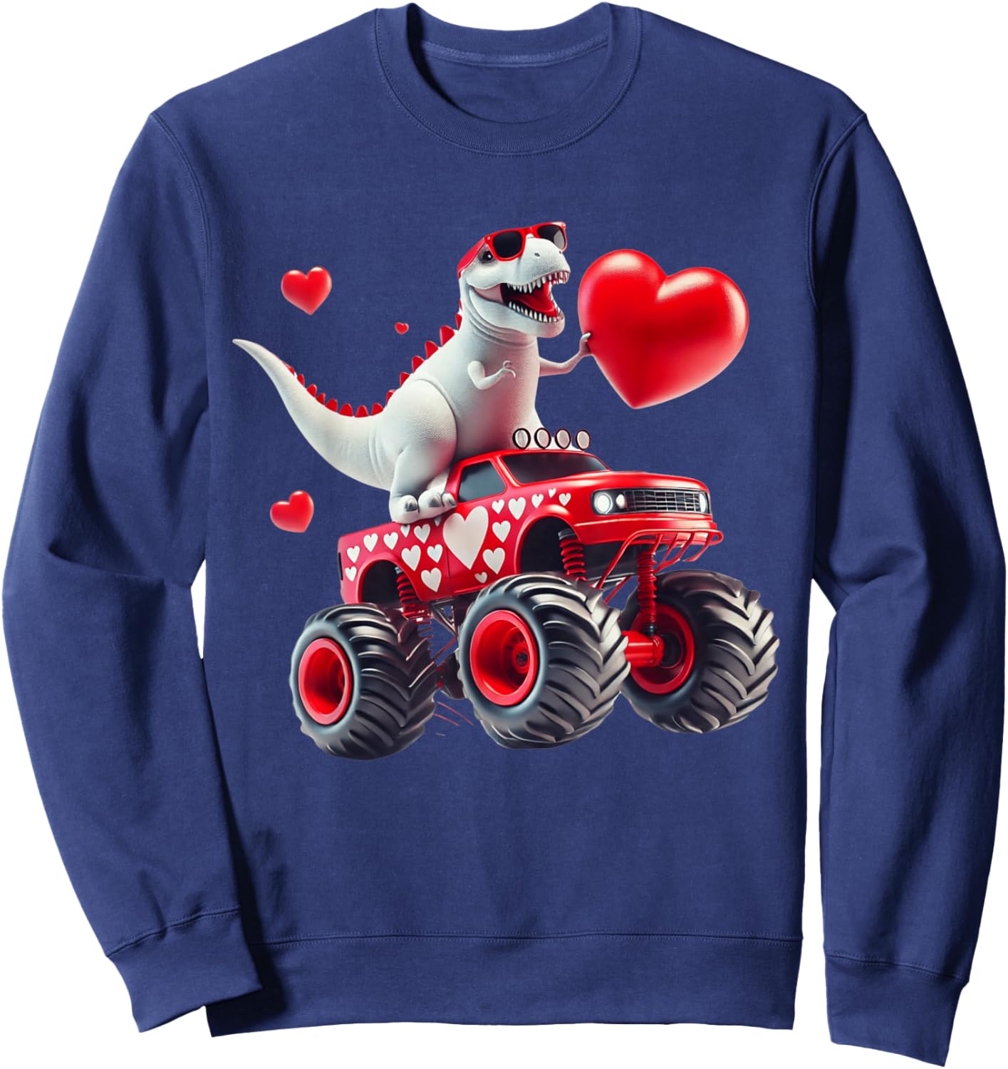 Valentines Day T Rex Riding Monster Truck Funny Toddler Boys Sweatshirt - Sweatshirt | Navy