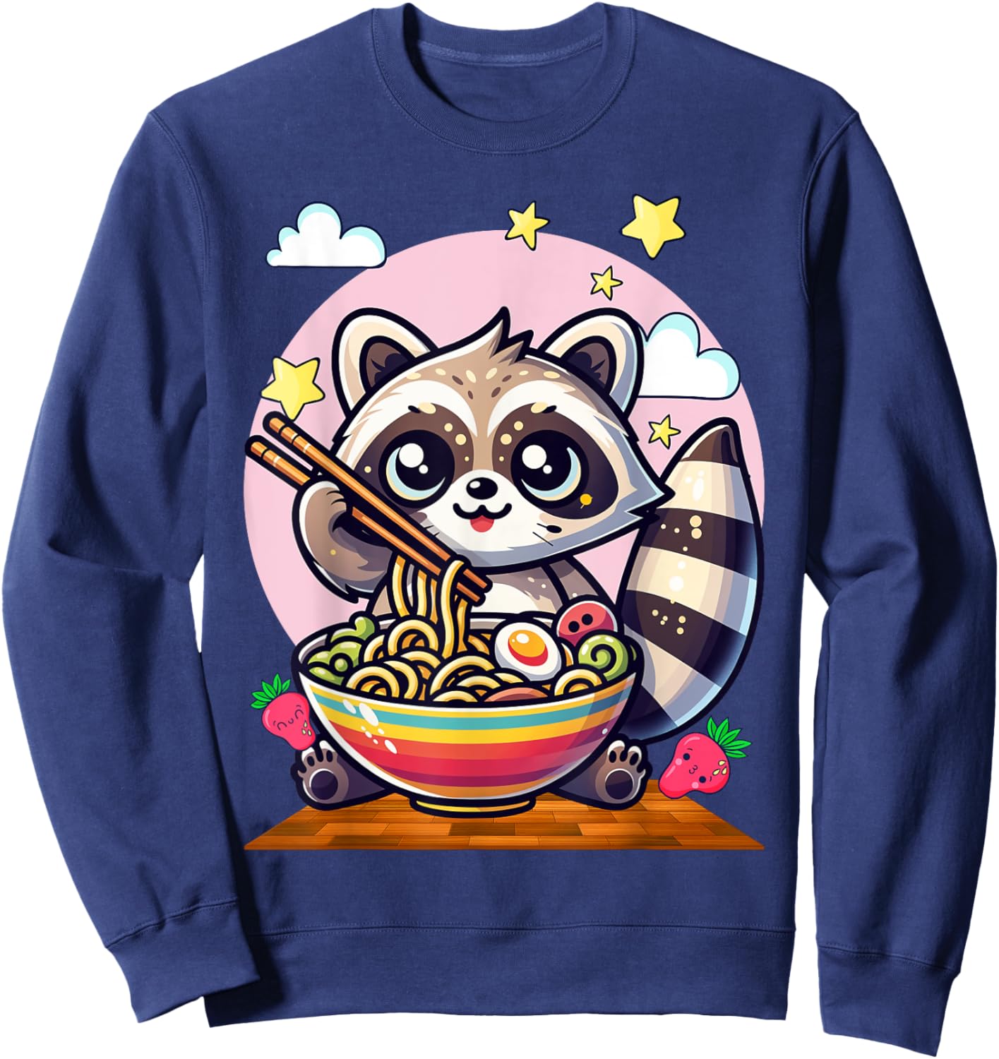 Raccoon Noodles Lover Gift Co. -Adults & Kids Raccoon Eating Japanese Noodles Kawaii Ramen Bowl - Black, Small, Short Sleeve Sweatshirt - Sweatshirt | Navy