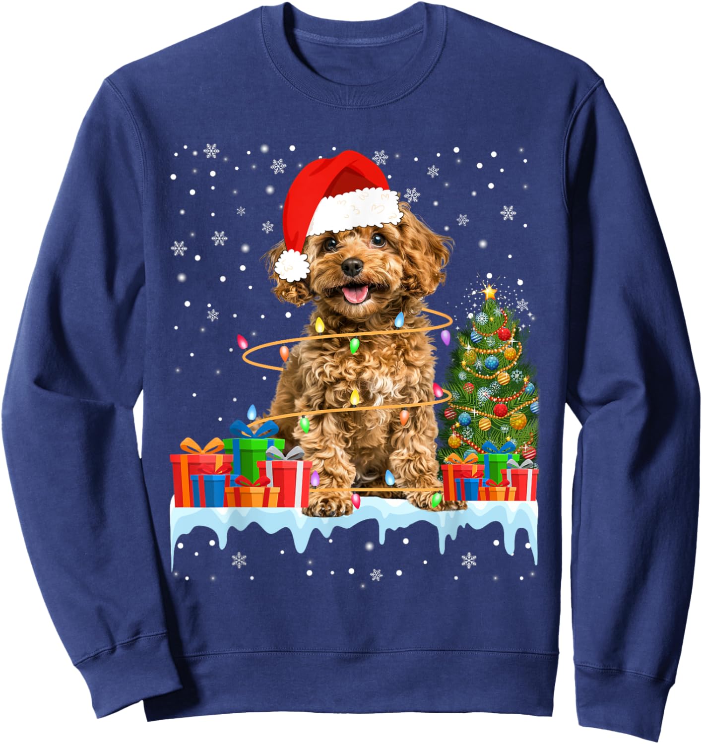 Funny Santa Poodle Dog Christmas Lights Xmas Pajamas Sweatshirt - Sweatshirt | Navy