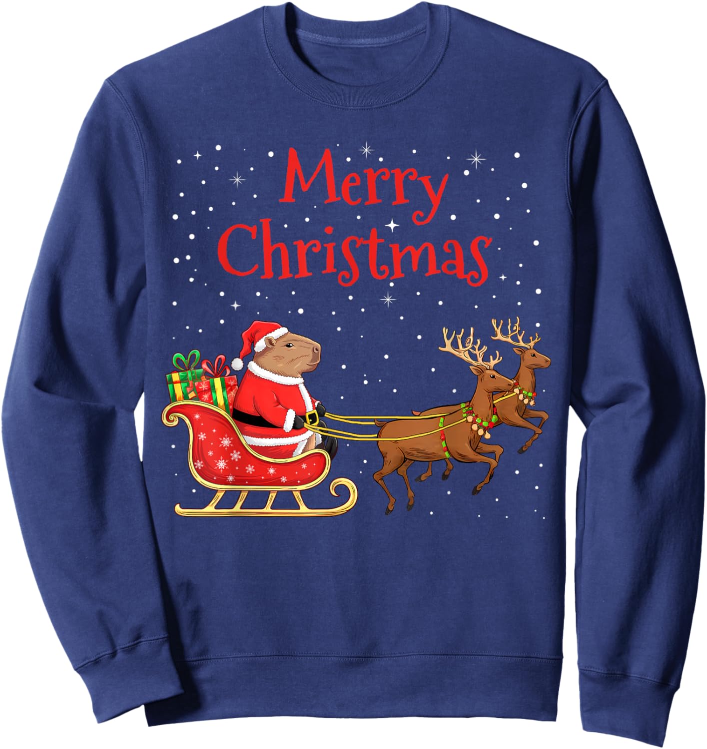 Merry Christmas Capybara Riding Santa Sleigh With Reindeer Sweatshirt - Sweatshirt | Navy
