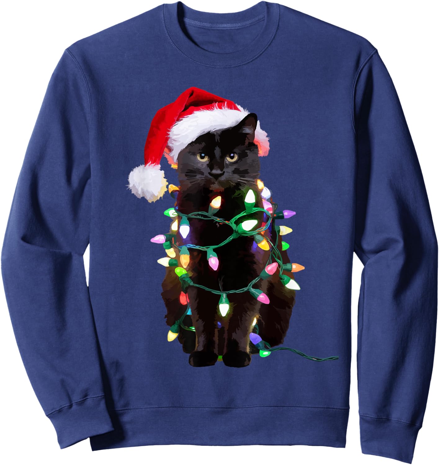 Black Cat Christmas Tree Lights Funny Santa Kitten Led Light Sweatshirt - Sweatshirt | Navy
