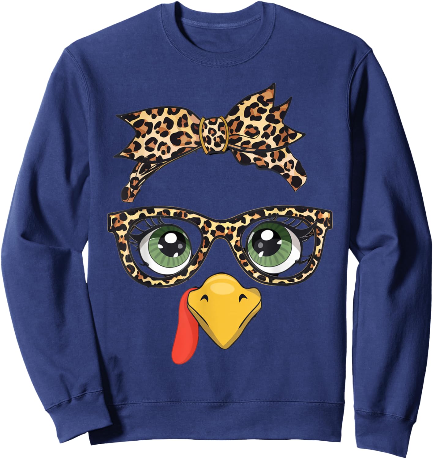 Leopard Print Thanksgiving Turkey Face Glasses Women Girls Sweatshirt - Sweatshirt | Navy