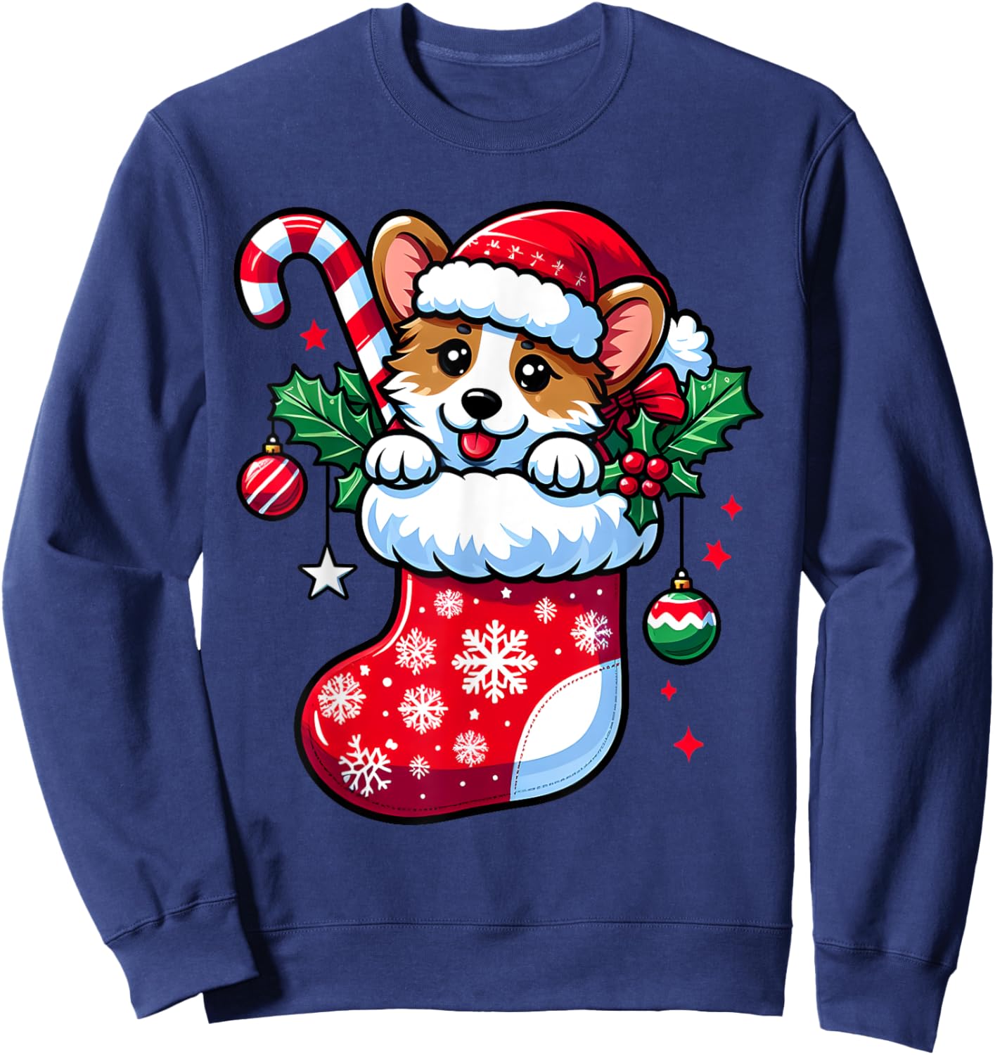 Cute Christmas Candy Cane Santa Corgi Dog in Xmas Stocking Sweatshirt - Sweatshirt | Navy