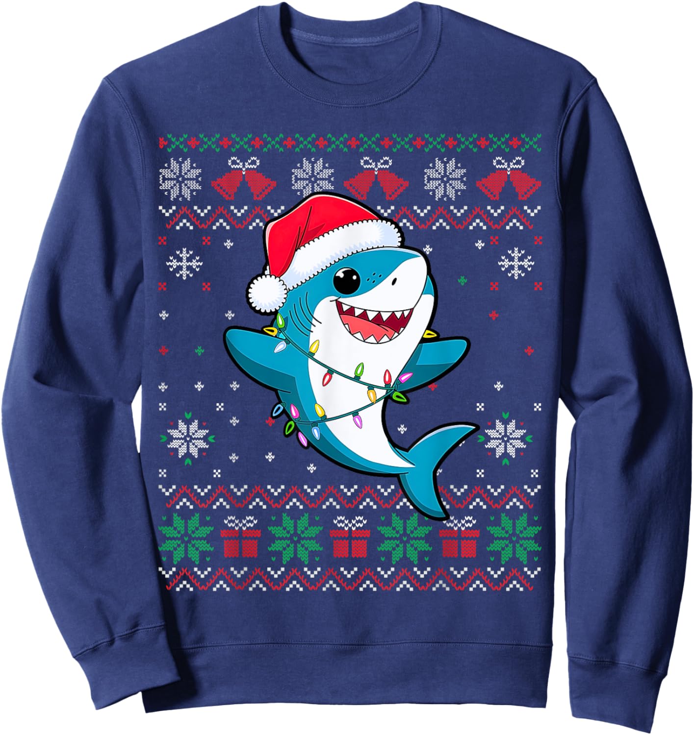 Funny Ugly Christmas Tree Shark Santa Hat Lights Xmas Sweatshirt - Sweatshirt | Navy