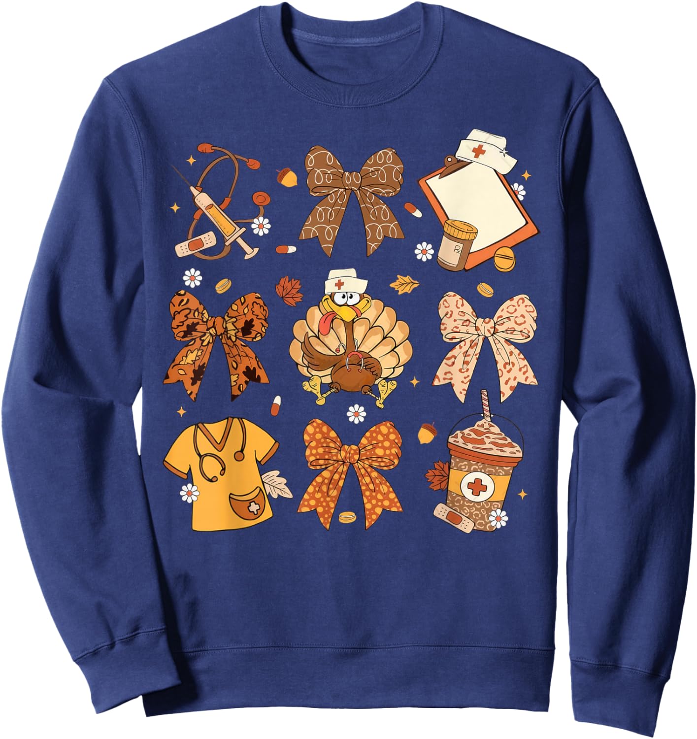 Coquette Bow Nurse Thanksgiving Turkey Scrub Top Sweatshirt - Sweatshirt | Navy