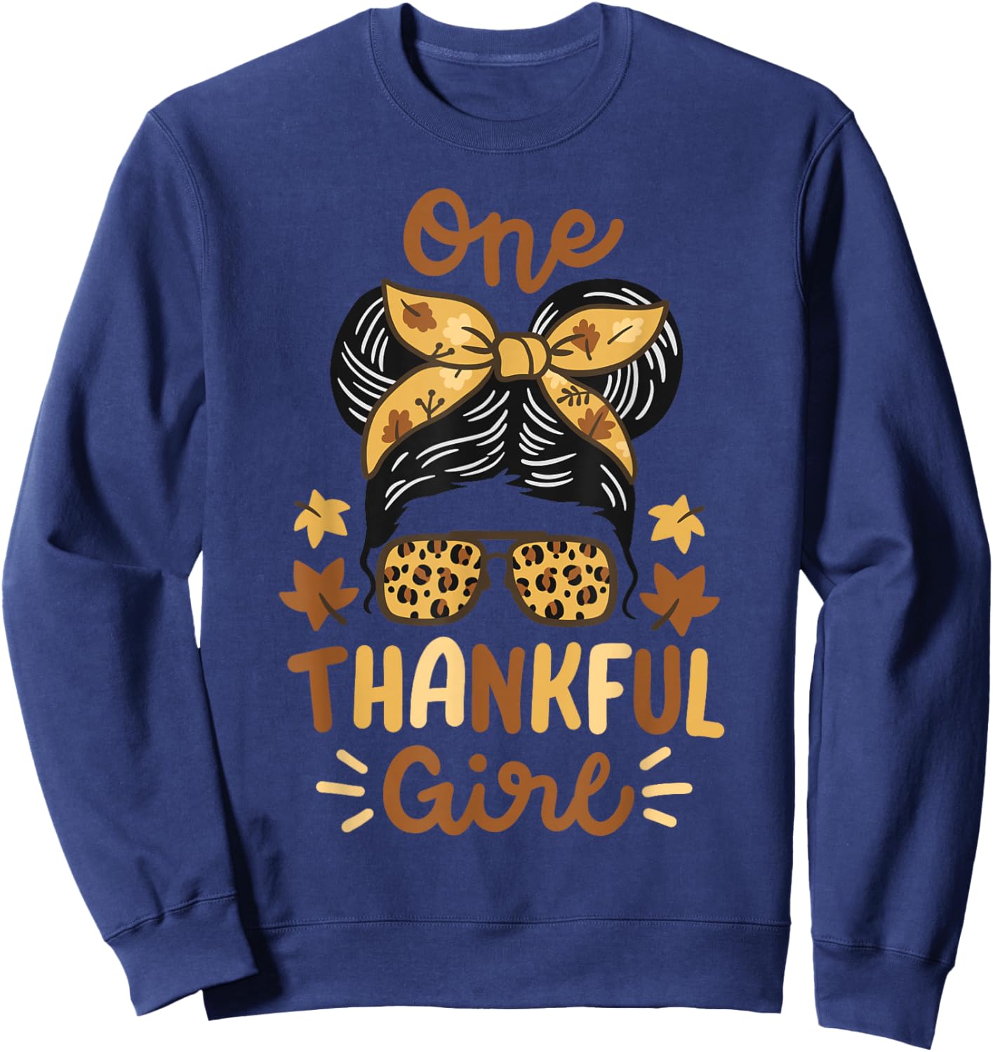 Thanksgiving Messy Bun Leopard Thankful Girl Women Sweatshirt - Sweatshirt | Navy