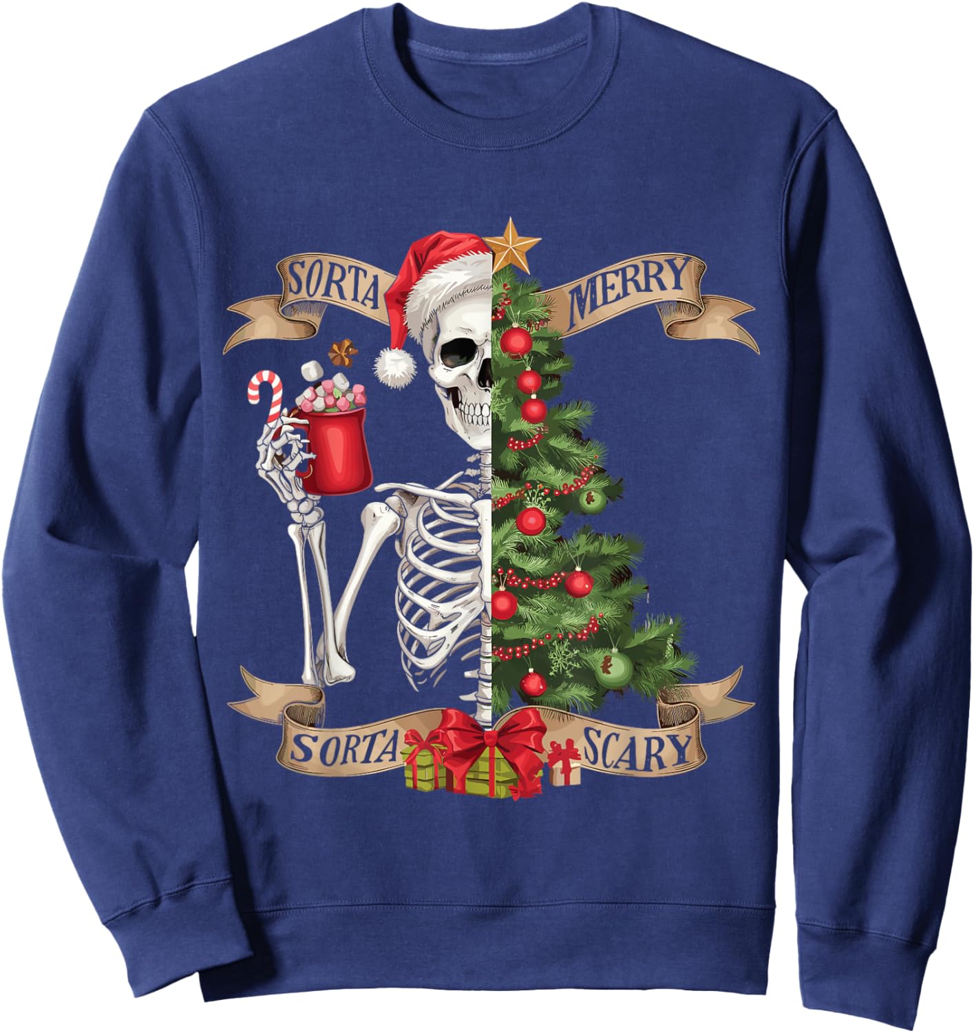 Funny Christmas Skeleton Sorta Merry Sorta Scary Tree Xmas Sweatshirt - Sweatshirt | Navy