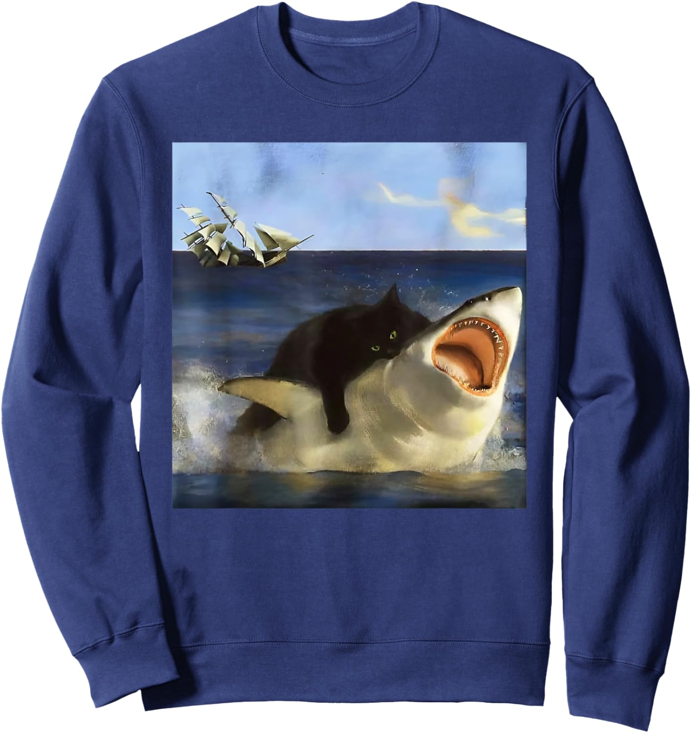 Graphic Cute Kitten Funny Animal Vintage Art Cat Meme Shark Women Girls Kids Sweatshirt - Sweatshirt | Navy