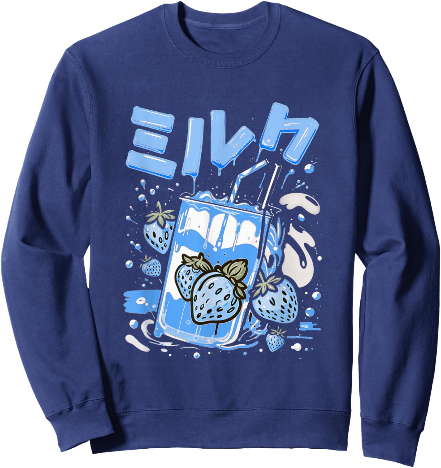 Blue Strawberry Milk Blue Color Graphic Sweatshirt - Sweatshirt | Navy