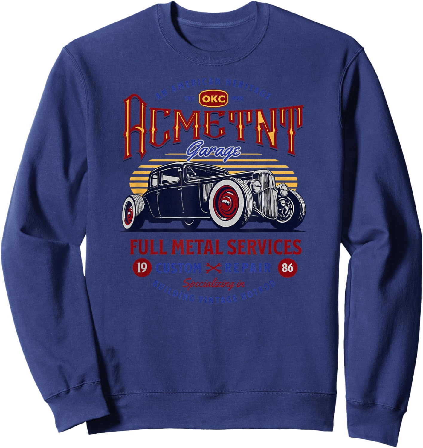 Oklahoma City Hot Rod Garage Life 1986 Classic Car Graphic Sweatshirt - Sweatshirt | Navy