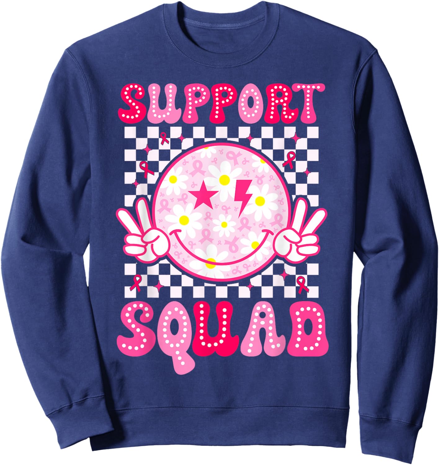 Support Squad Breast Cancer Awareness Pink Ribbon Smile Face Sweatshirt - Sweatshirt | Navy