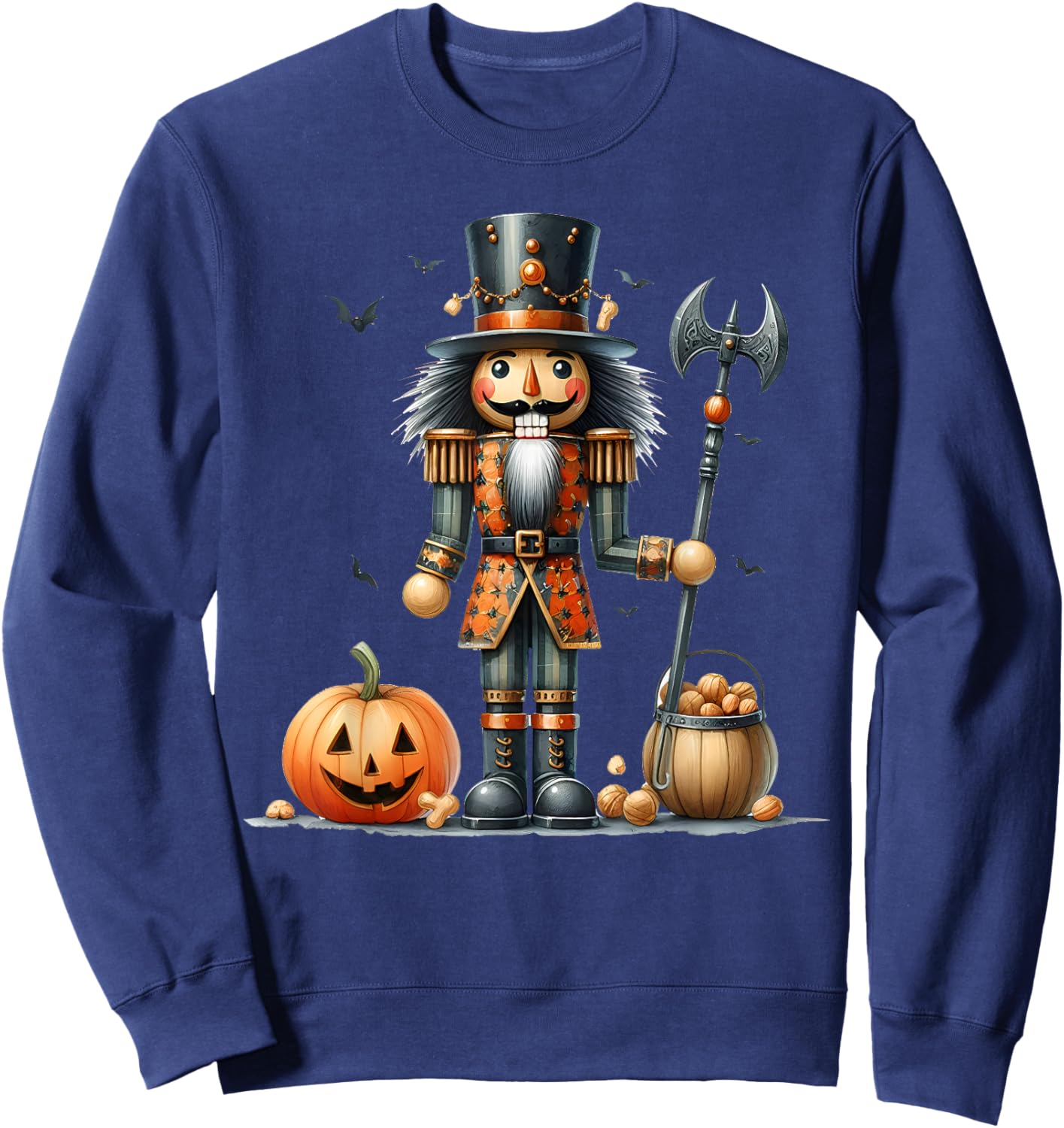 Retro Funny Nutcracker And Pumkins Hallothanksmas Halloween Sweatshirt - Sweatshirt | Navy