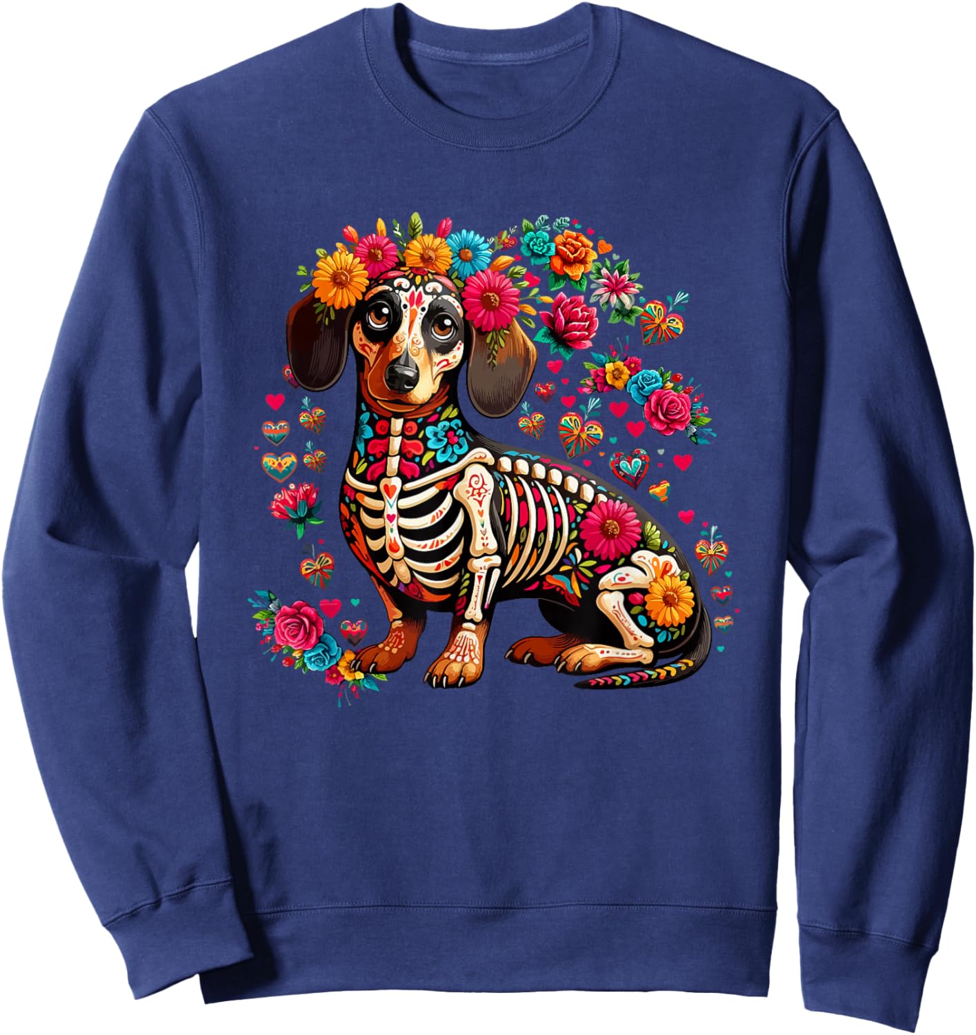 Dachshund Floral Skeleton Dia De Los Muertos Mexican Lover Sweatshirt - Sweatshirt | Navy