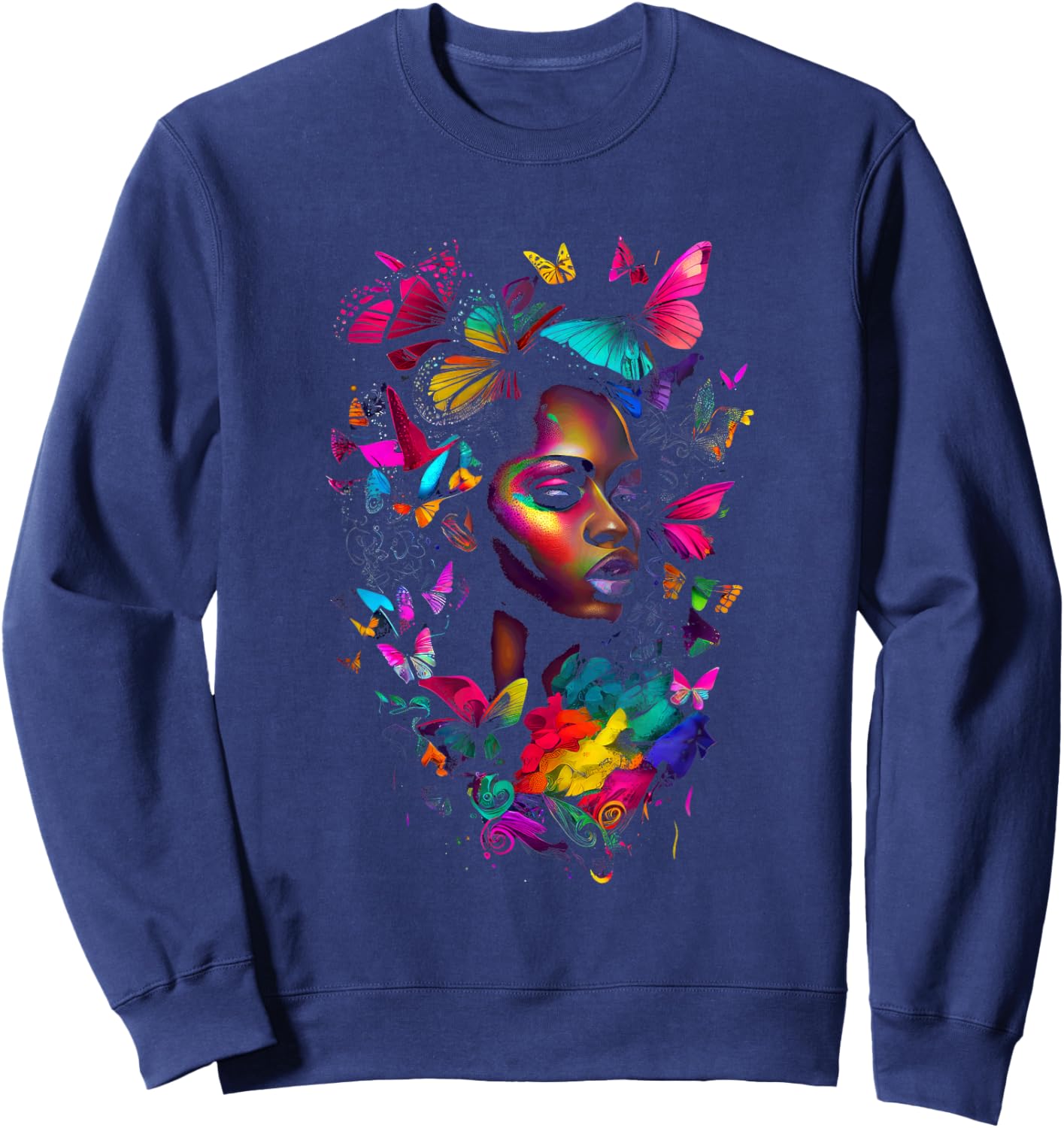 Black Woman Flowers Butterflies African American Art Sweatshirt - Sweatshirt | Navy