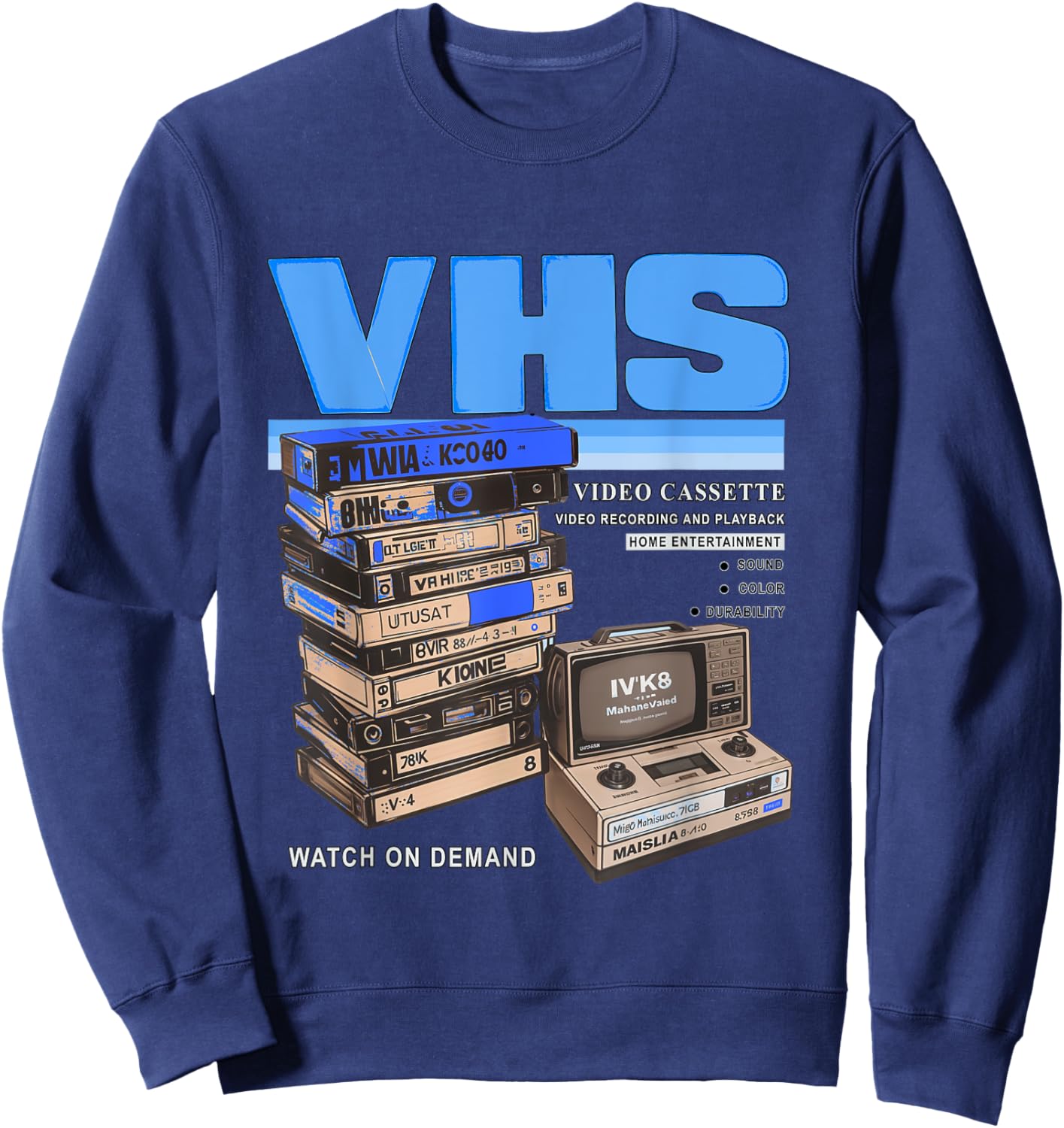 Blue VHS and Chill Blue Color Graphic Sweatshirt - Sweatshirt | Navy
