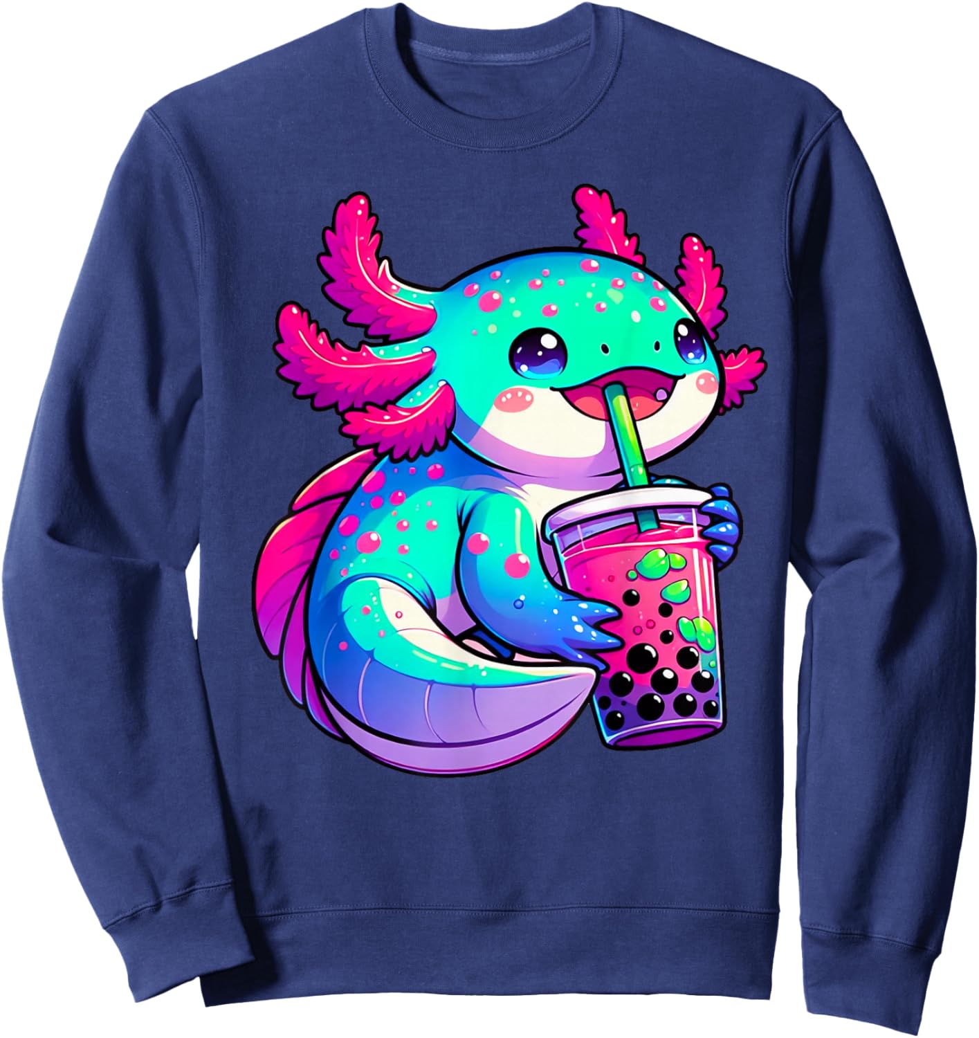 Axolotl Bubble Boba Tea Anime Cute Kawaii Blue Axolotl Sweatshirt - Sweatshirt | Navy