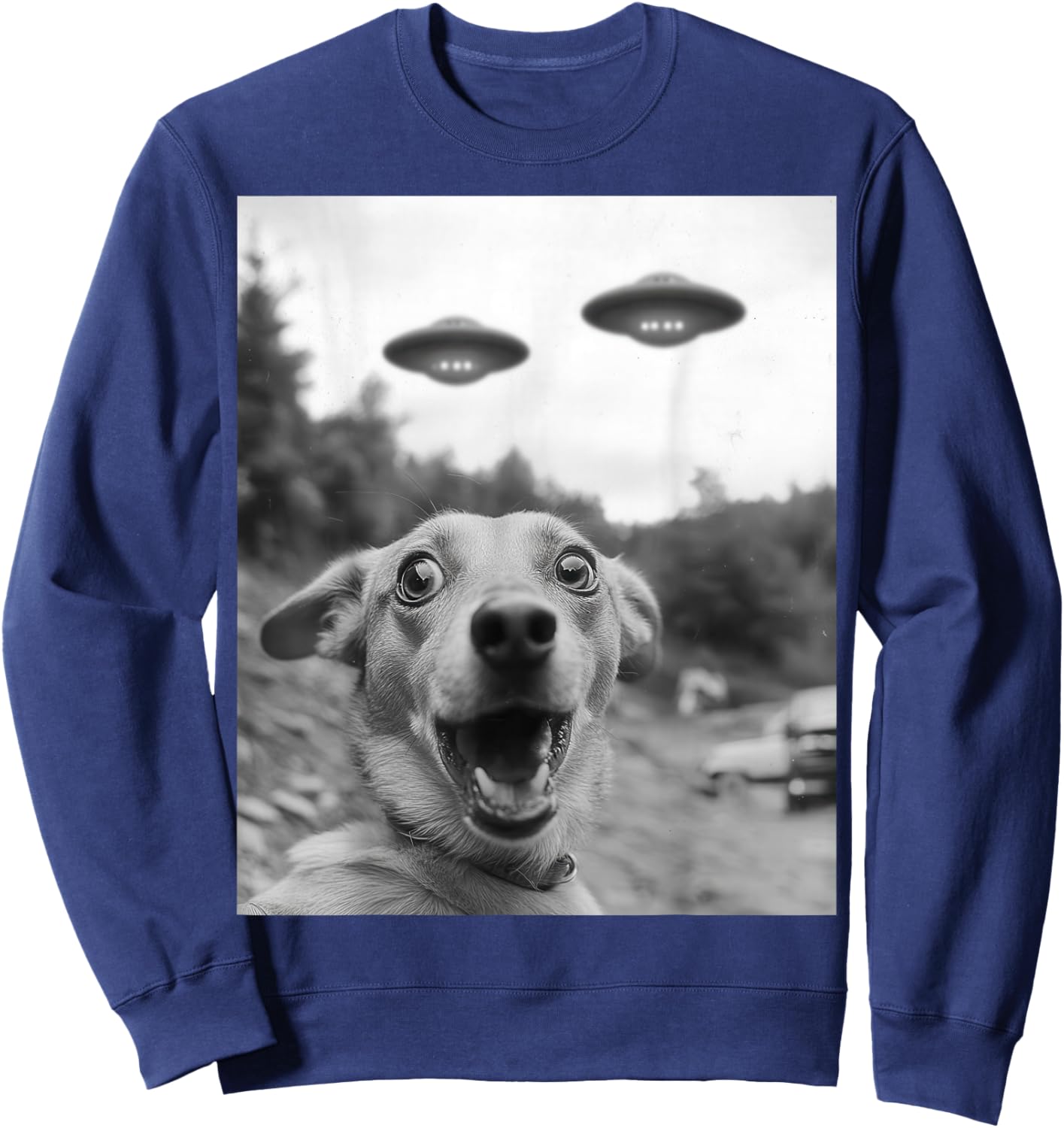 Funny dog Selfie with UFOs Weird dog Sweatshirt - Sweatshirt | Navy