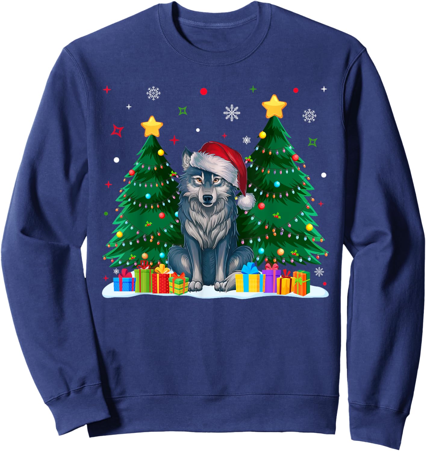Funny Animal Lovers Wolf Santa Hat Ugly Christmas Sweater Sweatshirt - Sweatshirt | Navy