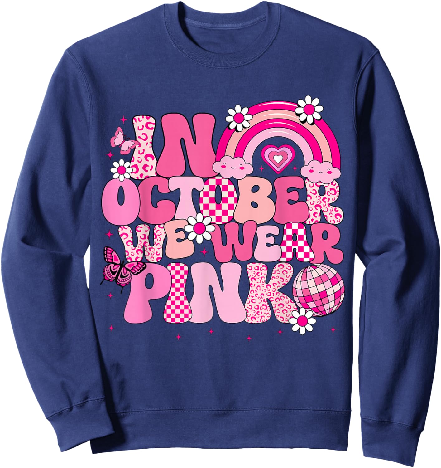 Groovy Breast Cancer Awareness In October We Wear Pink Kids Sweatshirt - Sweatshirt | Navy