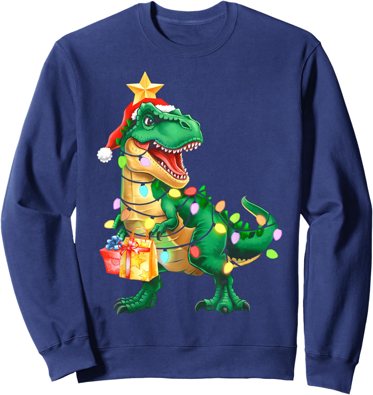 Christmas Shirts For Kids Xmas Tree Lights Dinosaur Boys Sweatshirt - Sweatshirt | Navy