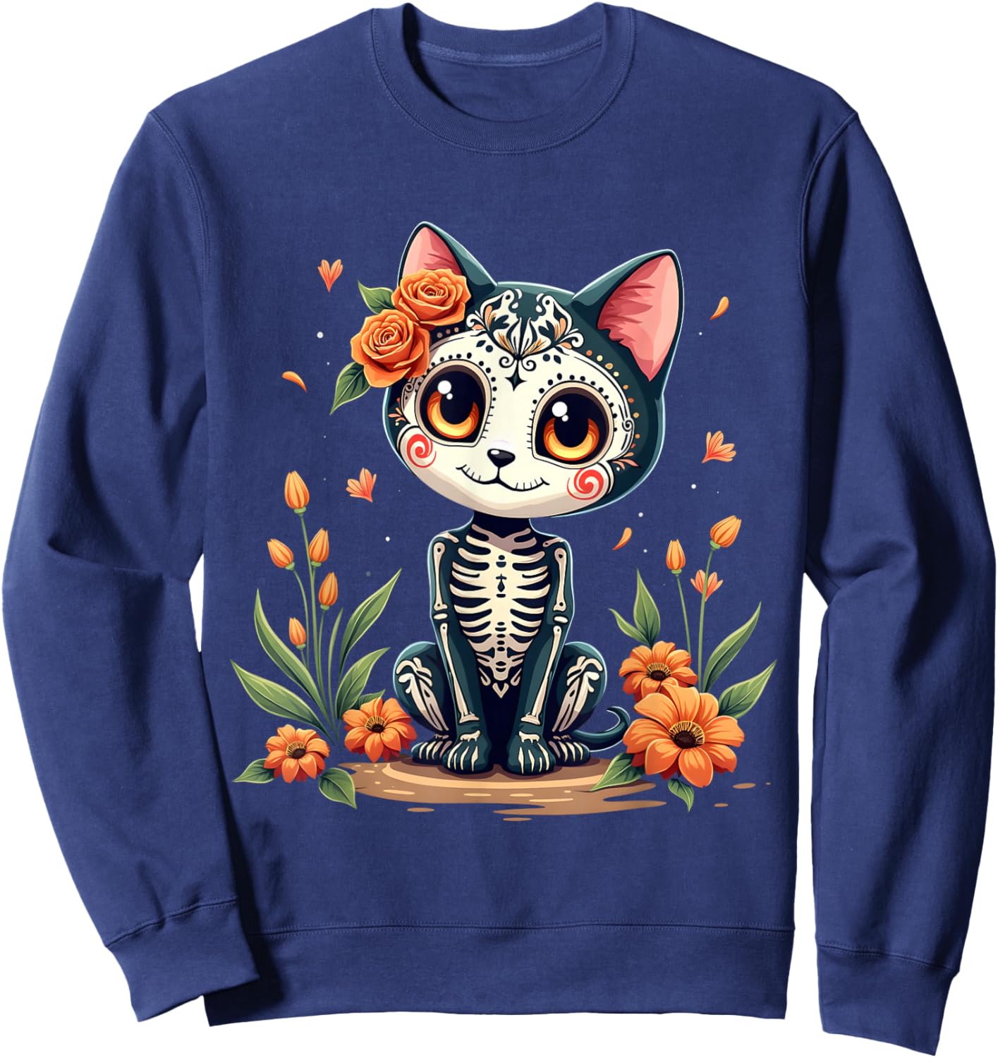 Colorful Sugar Skull Cat Mexican Halloween Sweatshirt - Sweatshirt | Navy