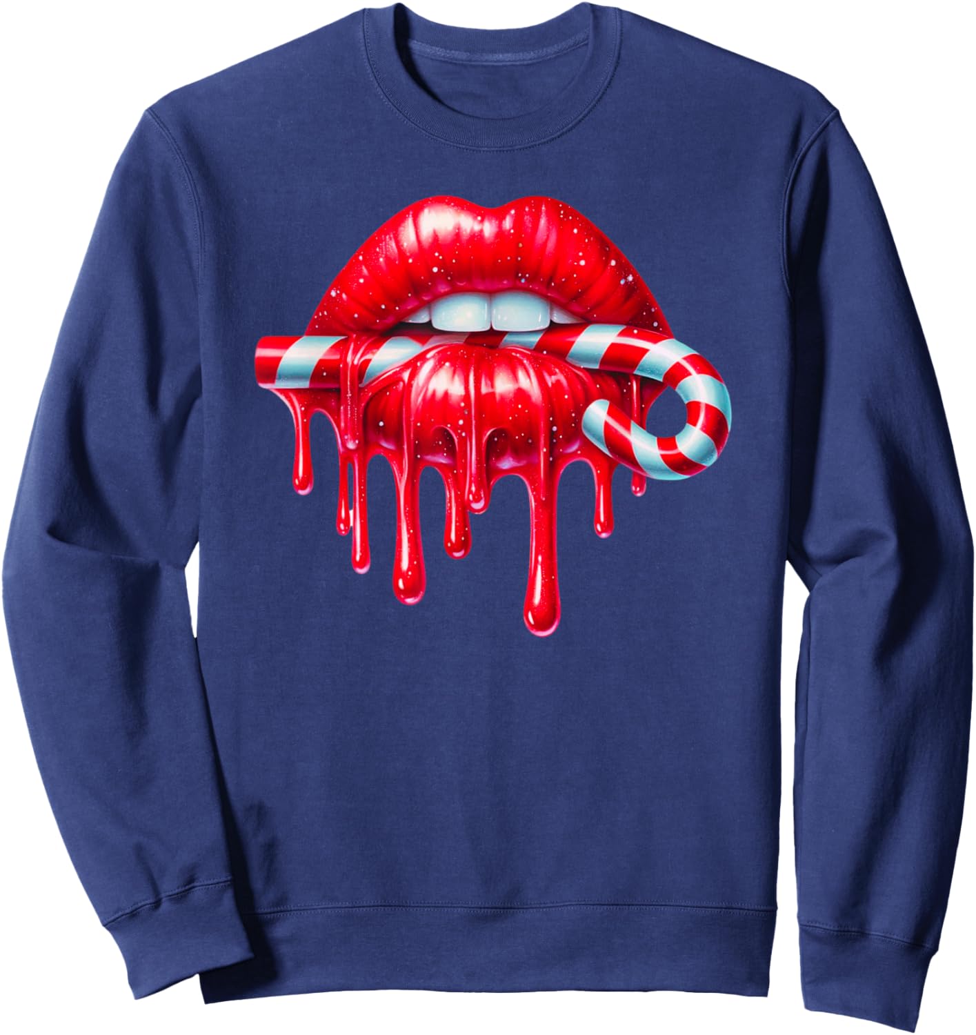 Sexy Lips Red Lipstick Kiss Dripping Candy Cane Christmas Sweatshirt - Sweatshirt | Navy