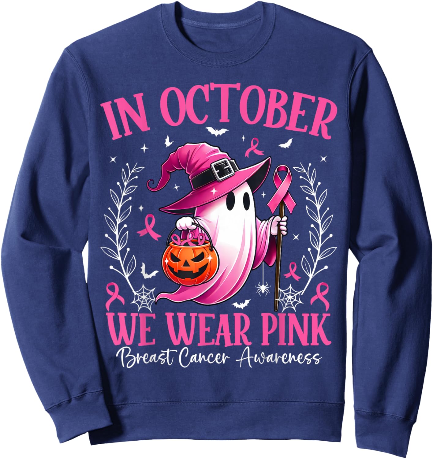 In October We Wear Pink Breast Cancer Awareness Halloween Sweatshirt - Sweatshirt | Navy