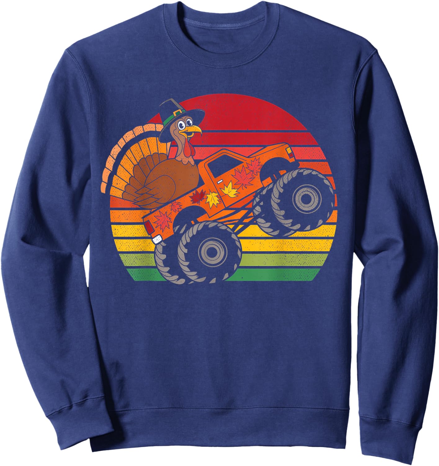 Kids Monster Truck Turkey Sunset Retro Thanksgiving Boy Kid Sweatshirt - Sweatshirt | Navy