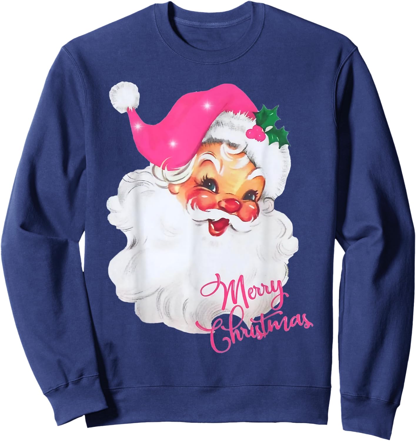 Vintage Pink Santa Claus Merry Christmas Pajamas Xmas Women Sweatshirt - Sweatshirt | Navy