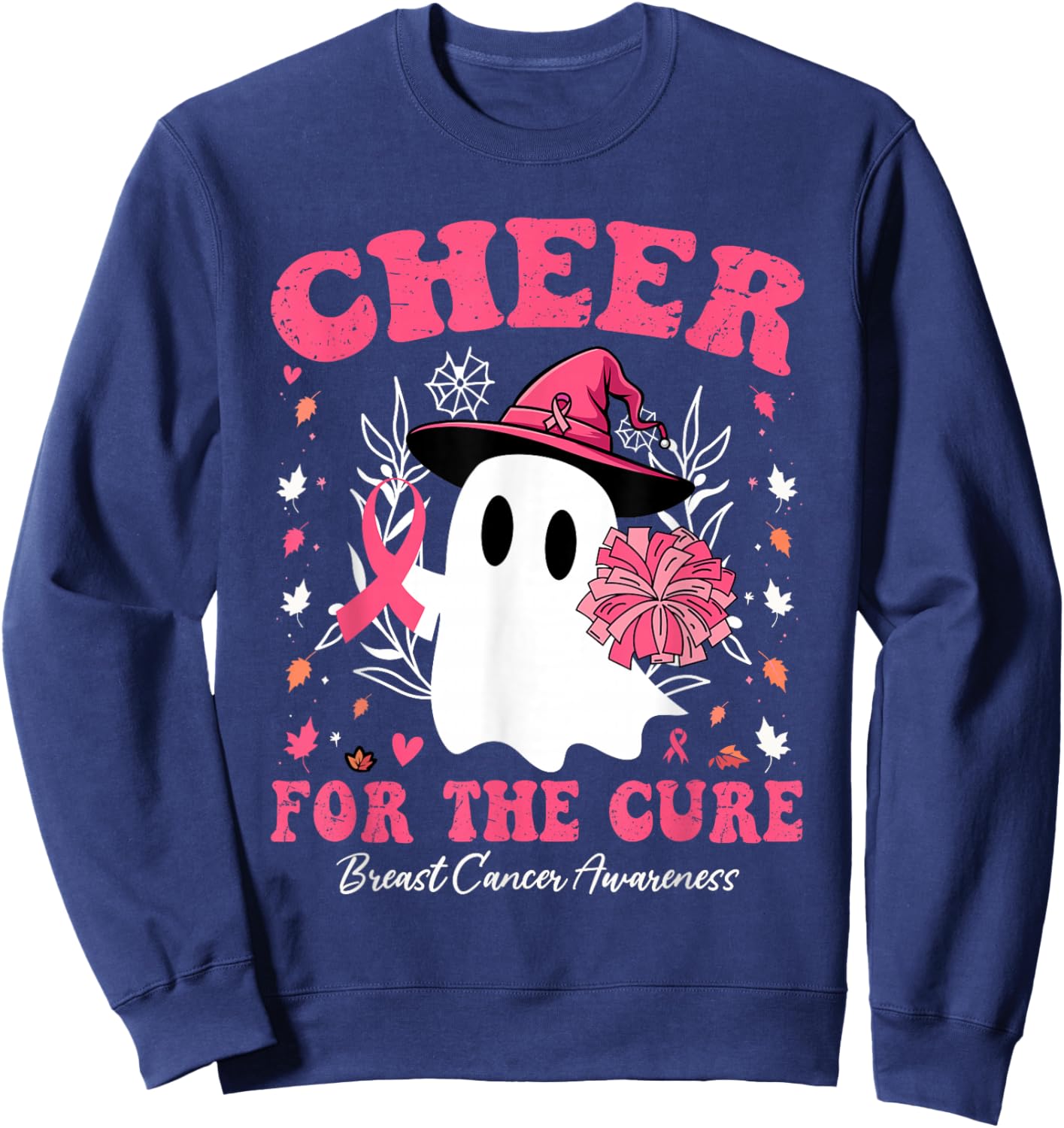 Cheer for the Cure Breast Cancer Awareness Halloween Ghost Sweatshirt - Sweatshirt | Navy