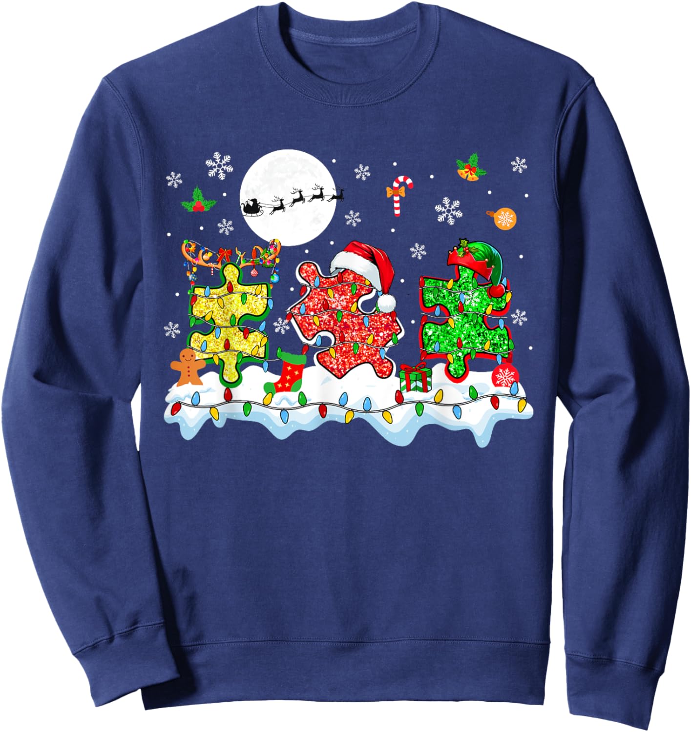 Xmas Three Santa Reindeer Elf Autism Awareness Puzzle Pieces Sweatshirt - Sweatshirt | Navy