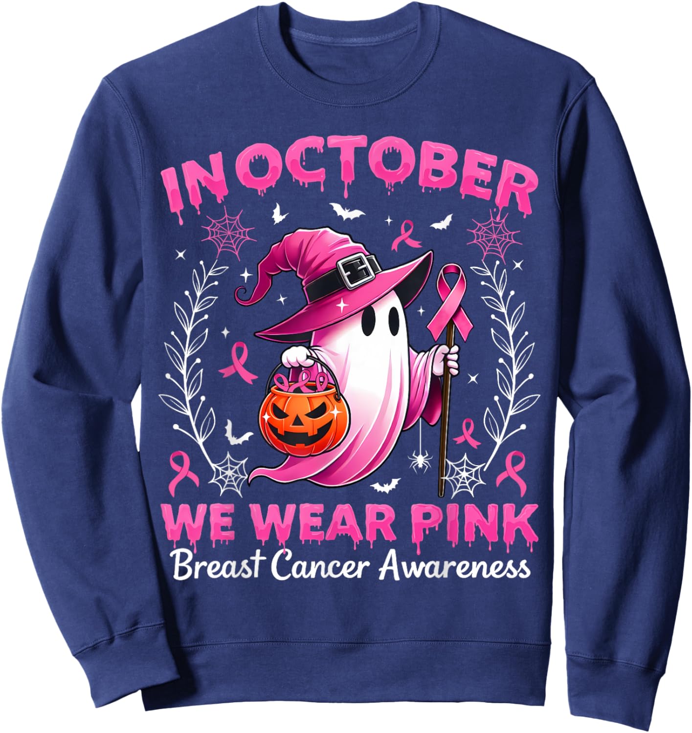 In October We Wear Pink Breast Cancer Awareness Halloween Sweatshirt - Sweatshirt | Navy