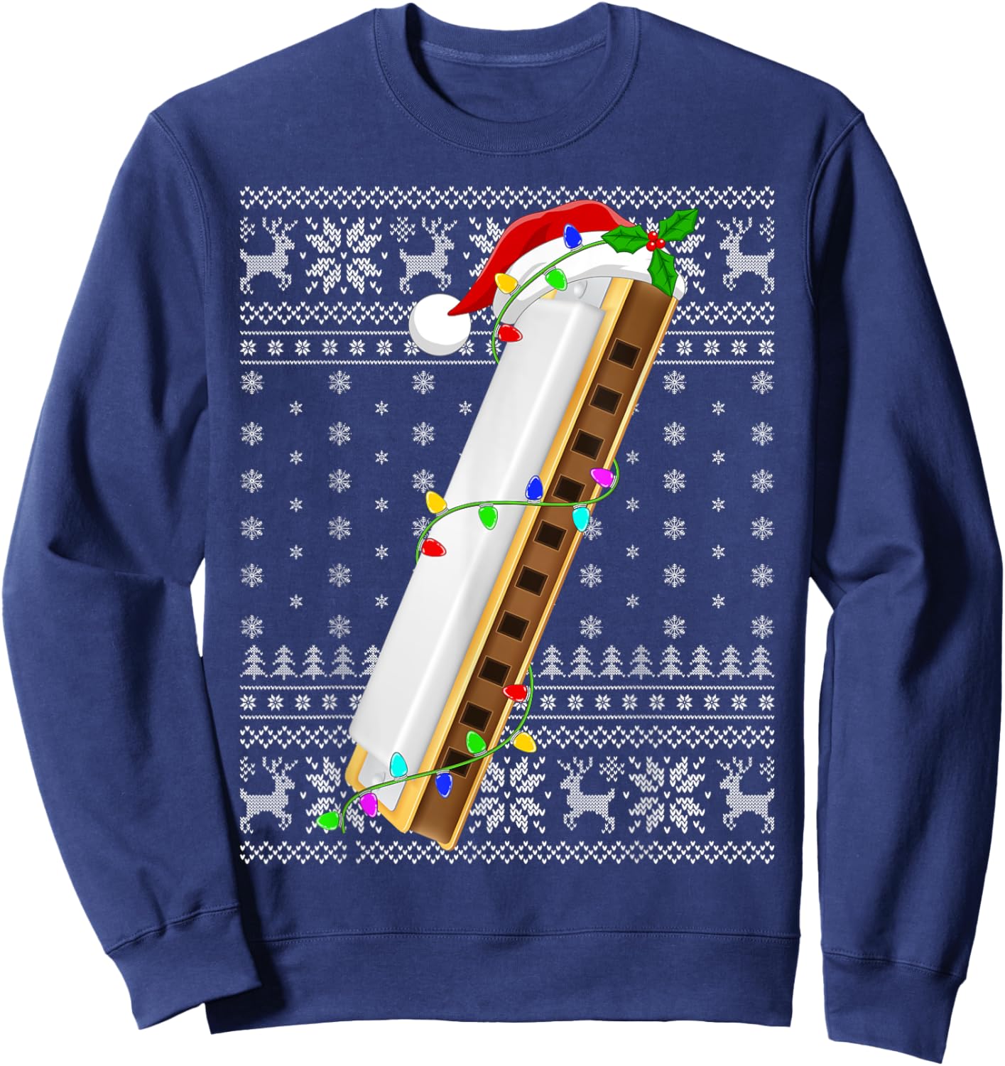 Ugly Sweater Xmas Lights Santa Musical Harmonica Christmas Sweatshirt - Sweatshirt | Navy