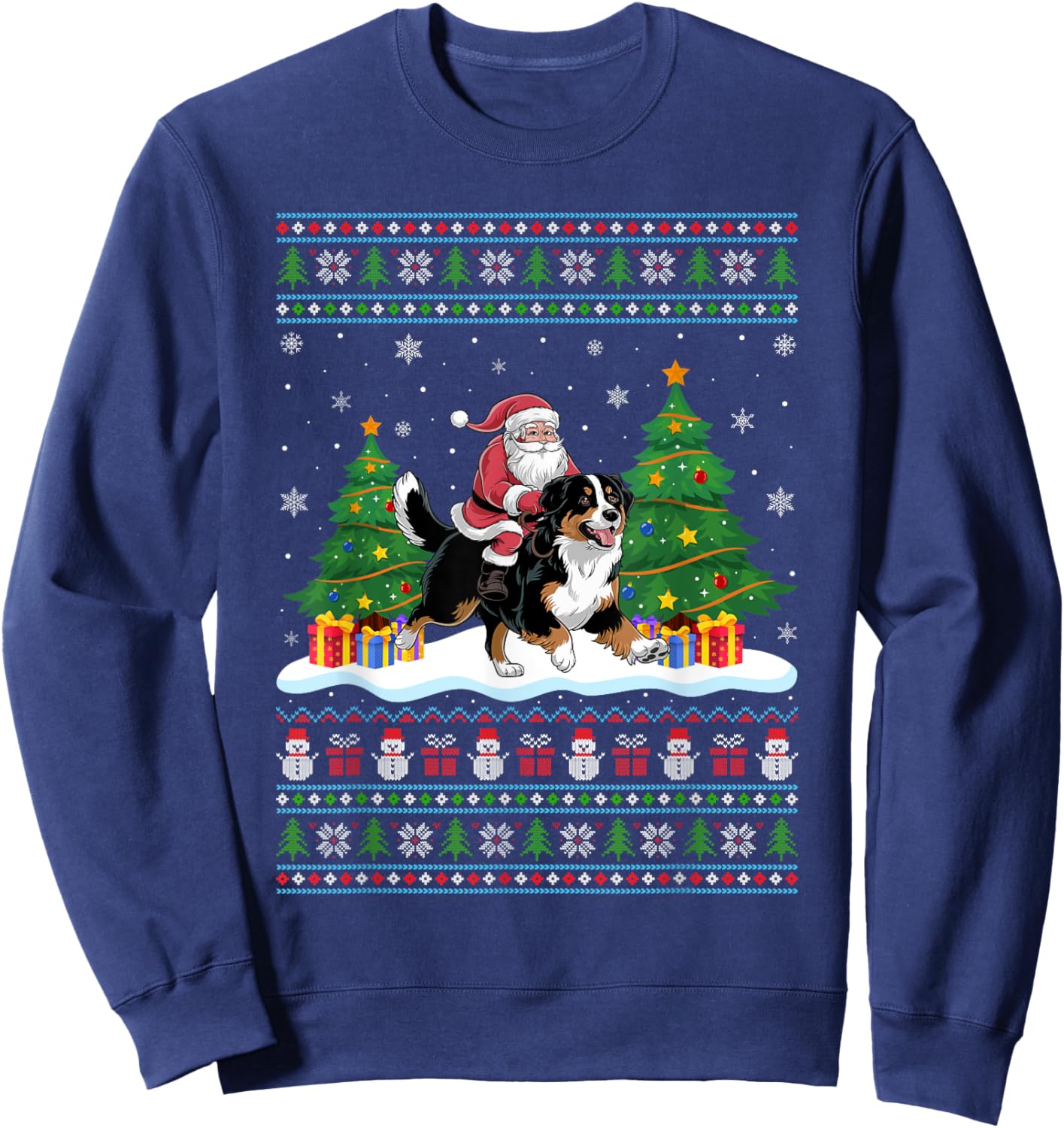 Santa Riding Bernese Mountain Dog Tree Lights Xmas Sweater Sweatshirt - Sweatshirt | Navy