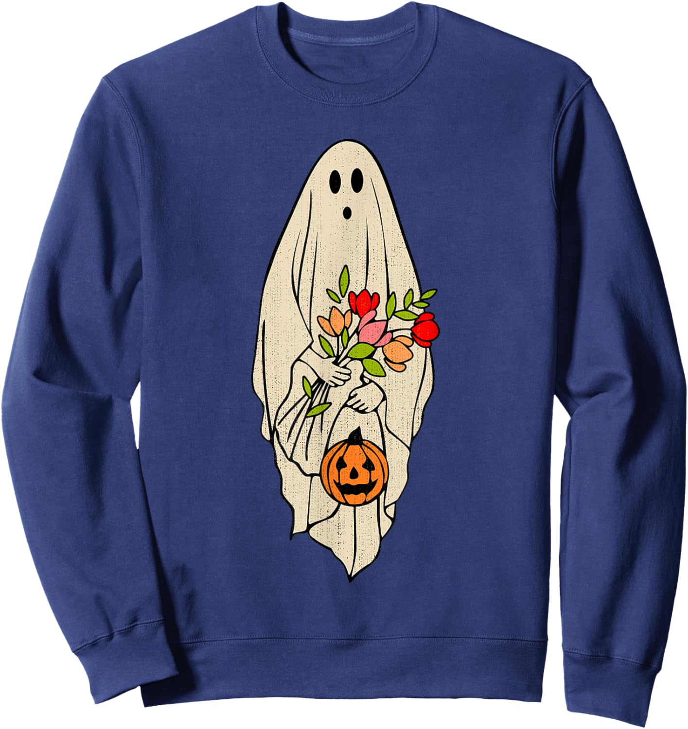 Retro Vintage Ghost Floral Pumpkin Halloween Girls Sweatshirt - Sweatshirt | Navy