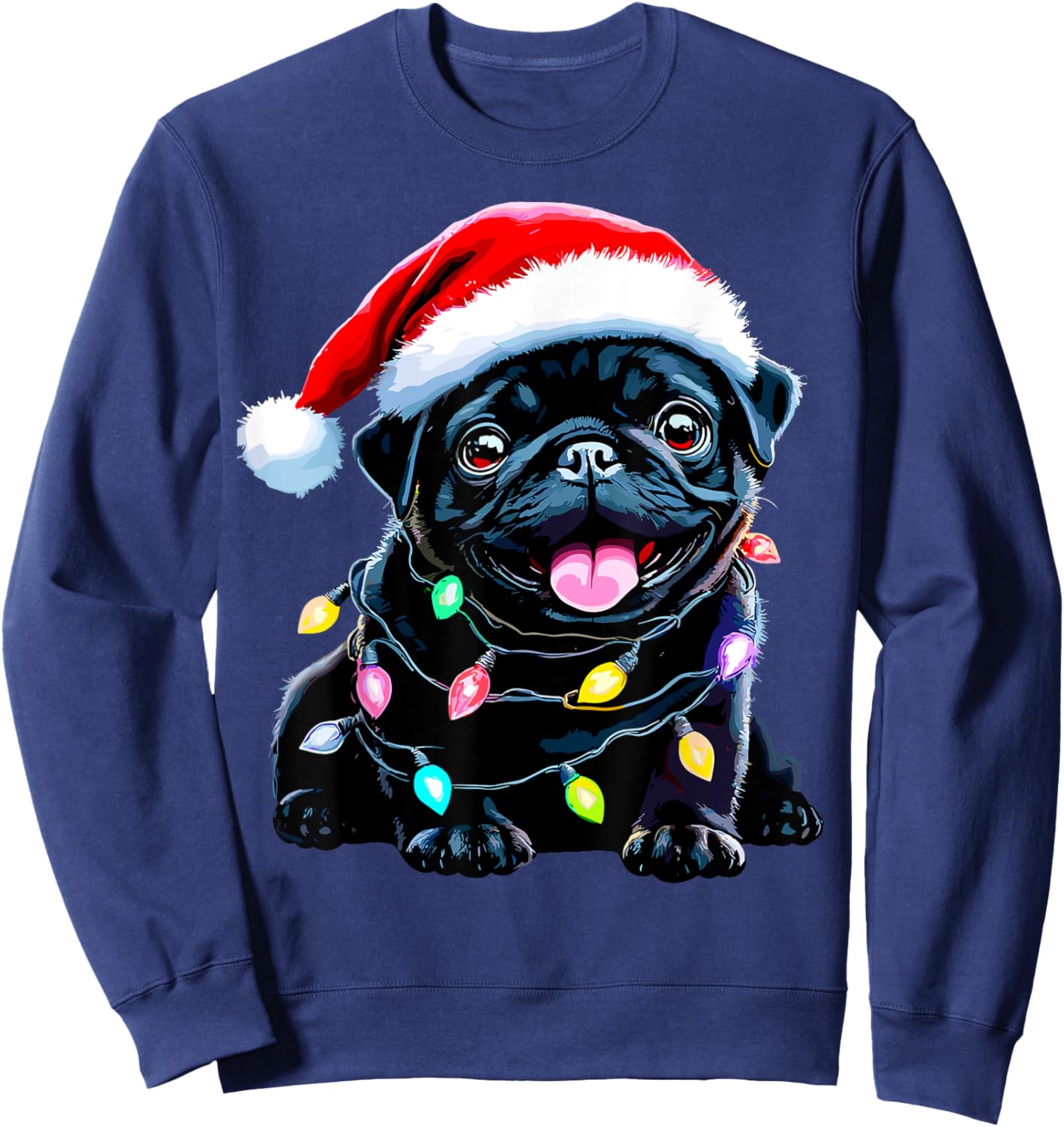 Funny Pug Santa Dog Lover Xmas Christmas Lights Men Women Kids Sweatshirt - Sweatshirt | Navy