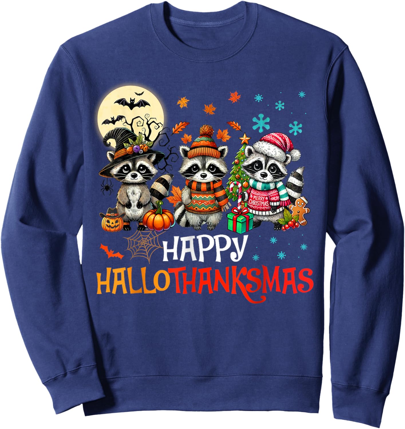 Happy Hallothanksmas Raccoon Lover Halloween Merry Christmas Sweatshirt - Sweatshirt | Navy