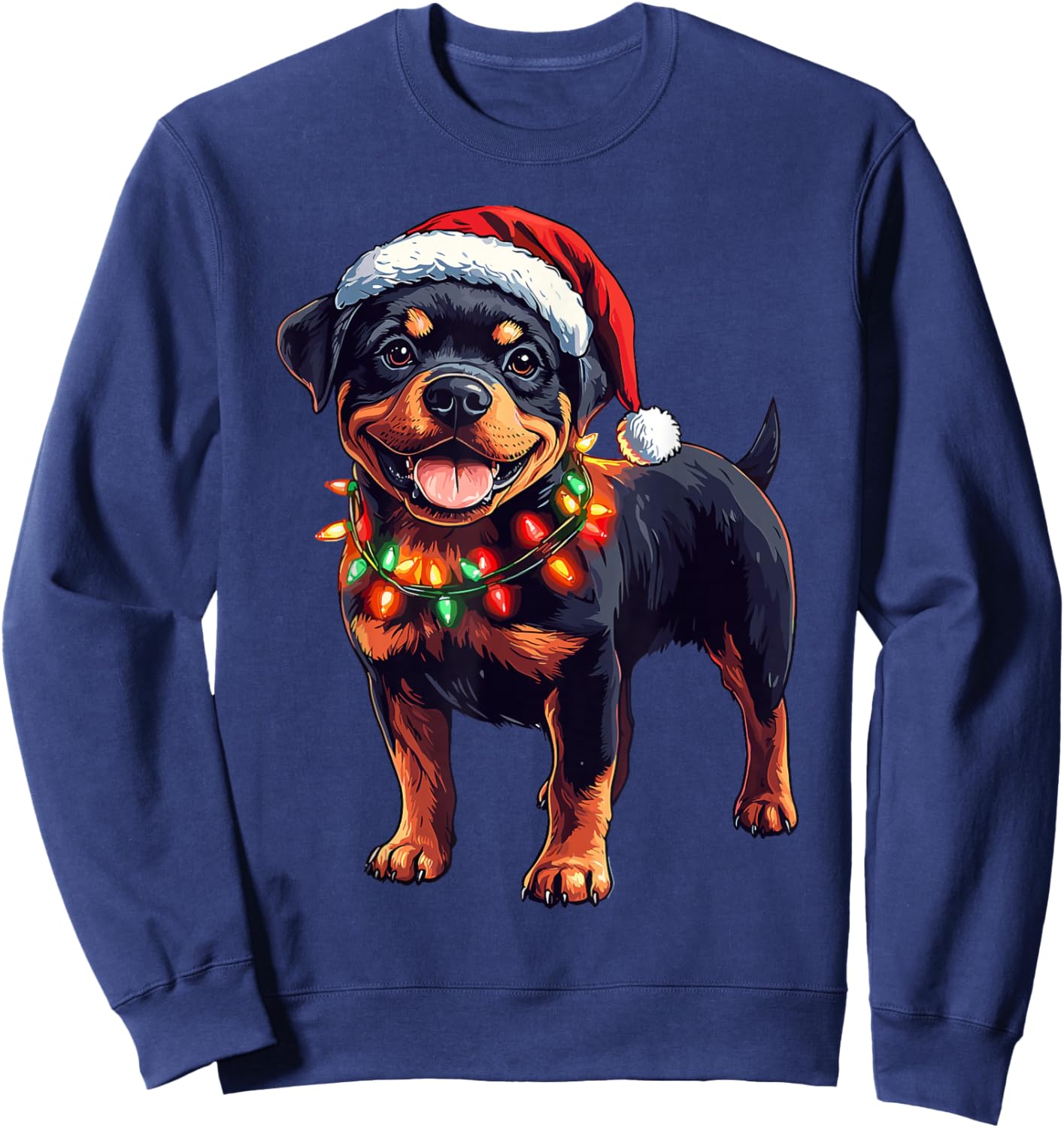 Rottweiler Santa Christmas Tree Lights Xmas Rottie Pajama Sweatshirt - Sweatshirt | Navy