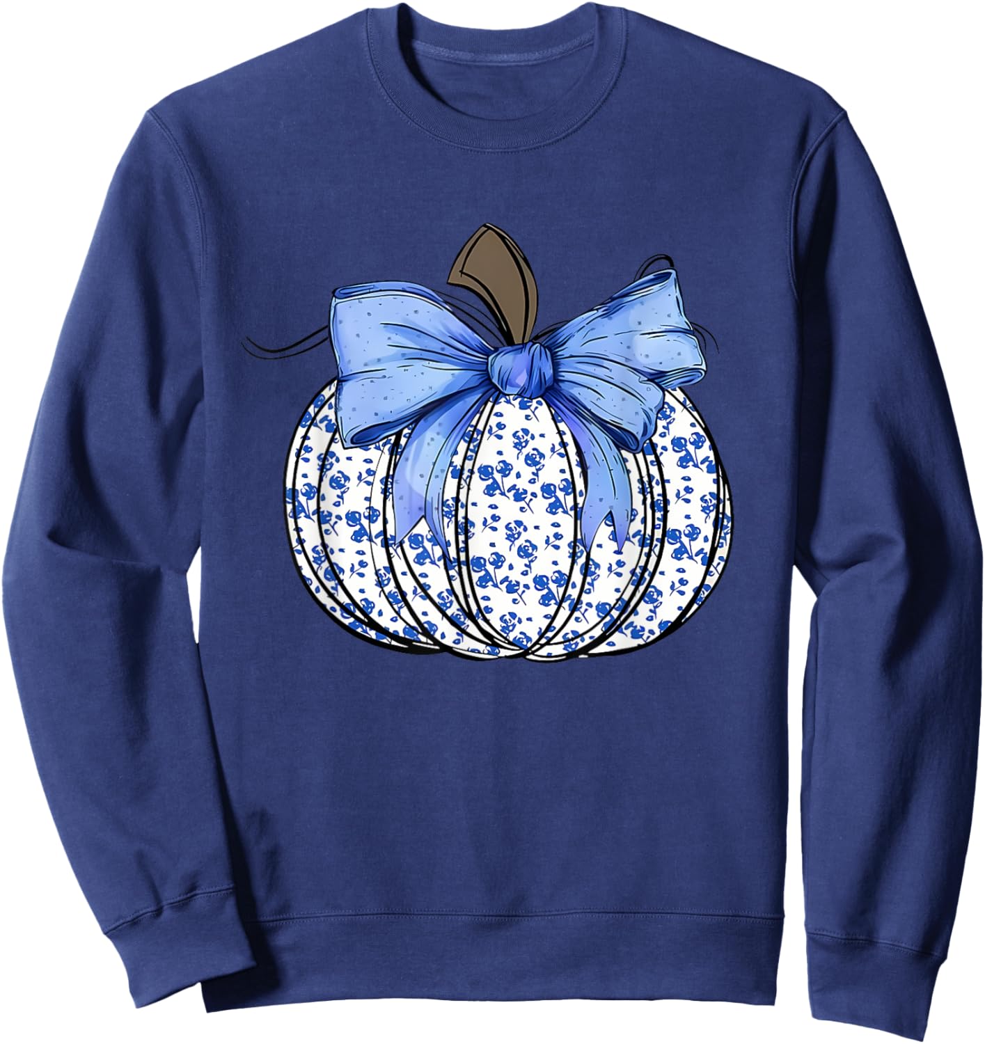 Blue Floral Pumpkin Fall Coquette Thanksgiving Halloween Sweatshirt - Sweatshirt | Navy
