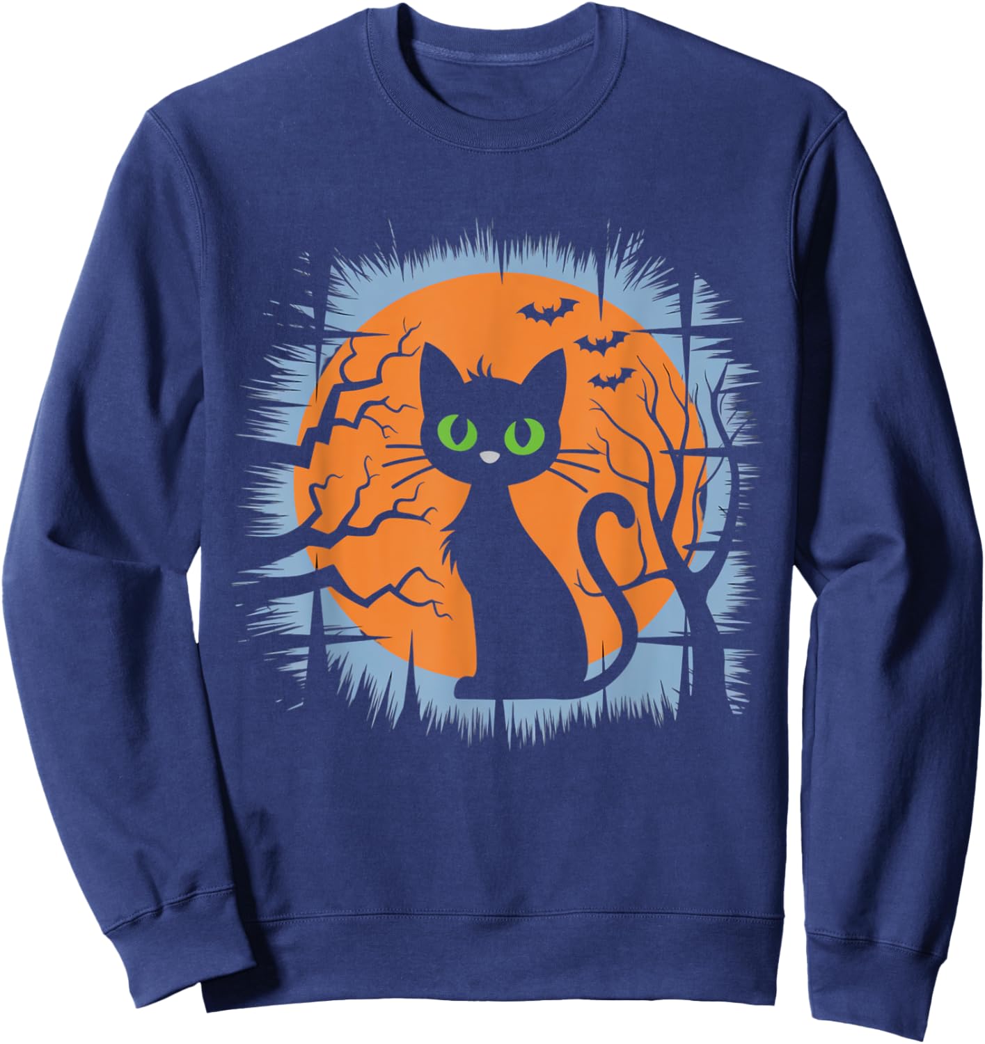 Vintage Halloween Black Cat with Bats and Full Moon Design Sweatshirt - Sweatshirt | Navy