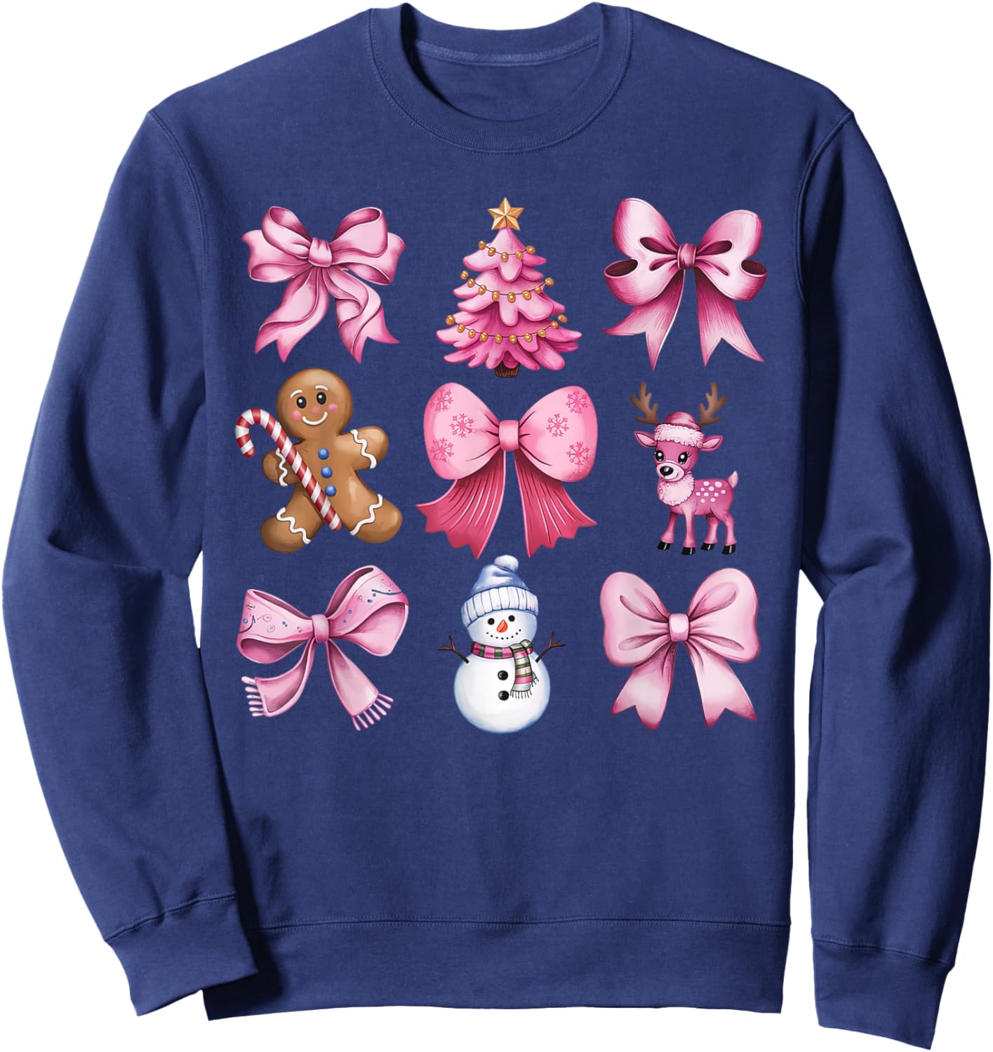 Cute Preppy Pink Christmas Tree Gingerbread Man Snowman Bow Sweatshirt - Sweatshirt | Navy