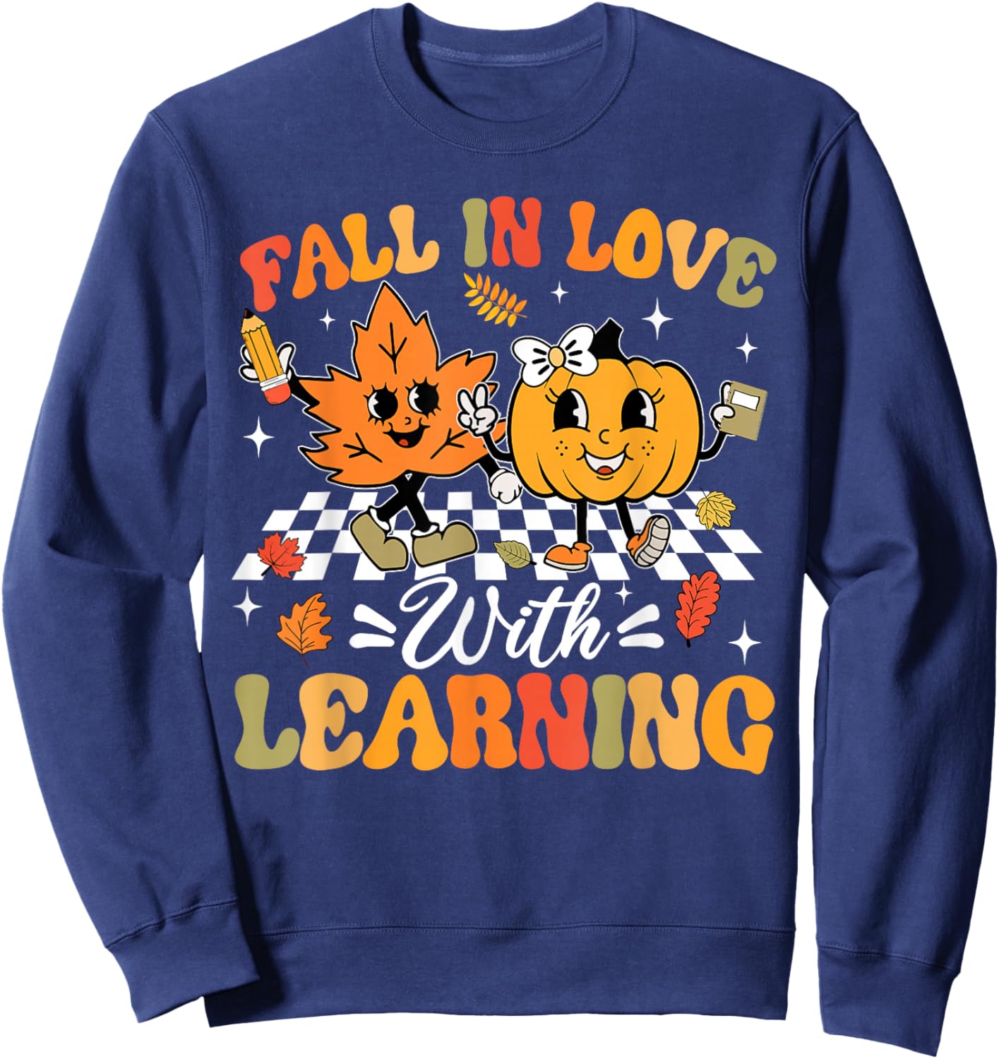 Fall In Love With Learning Fall Teacher Thanksgiving Retro Sweatshirt - Sweatshirt | Navy