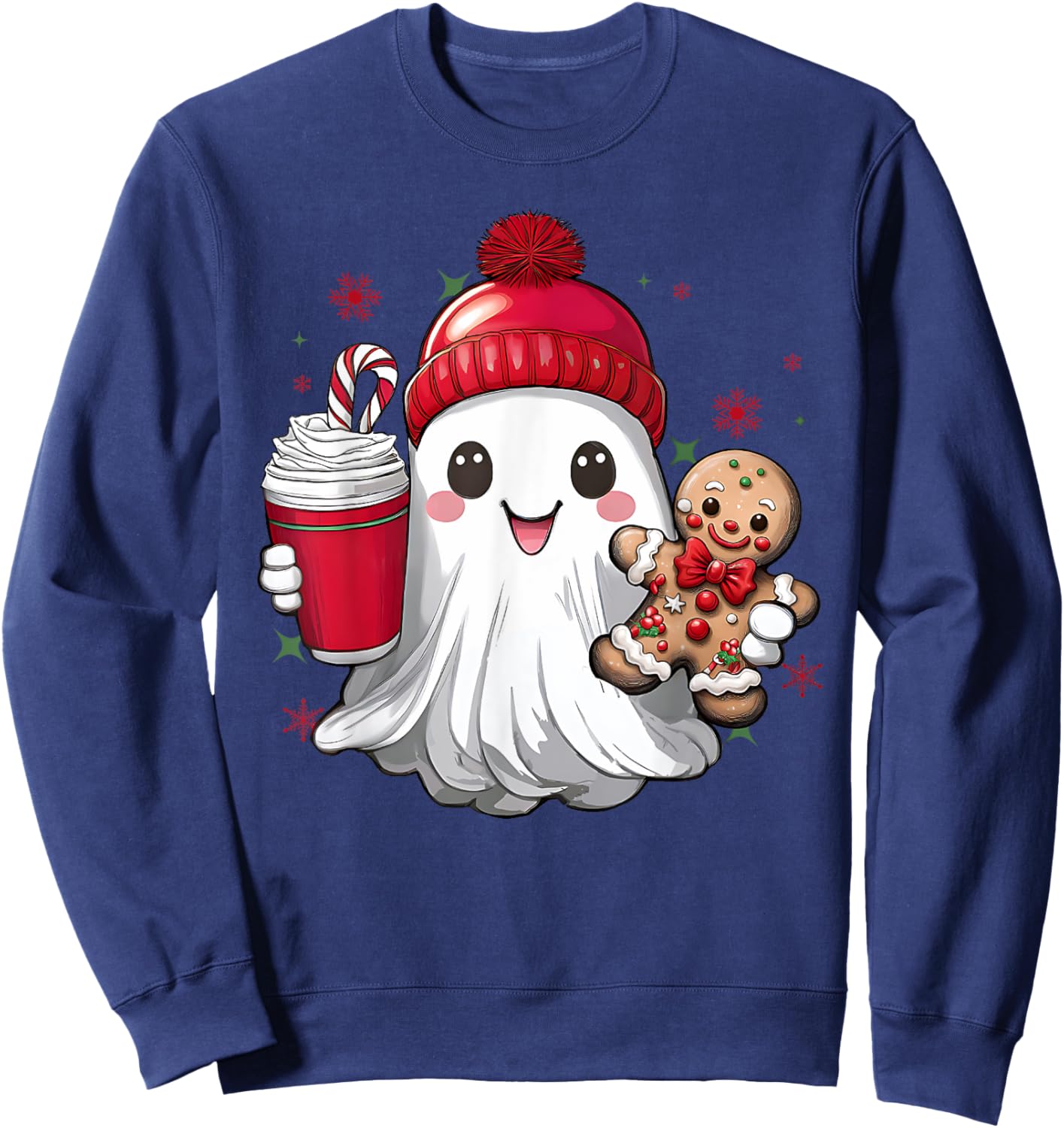 Cute Christmas Ghost Coffee Gingerbread Boojee Xmas Holiday Sweatshirt - Sweatshirt | Navy