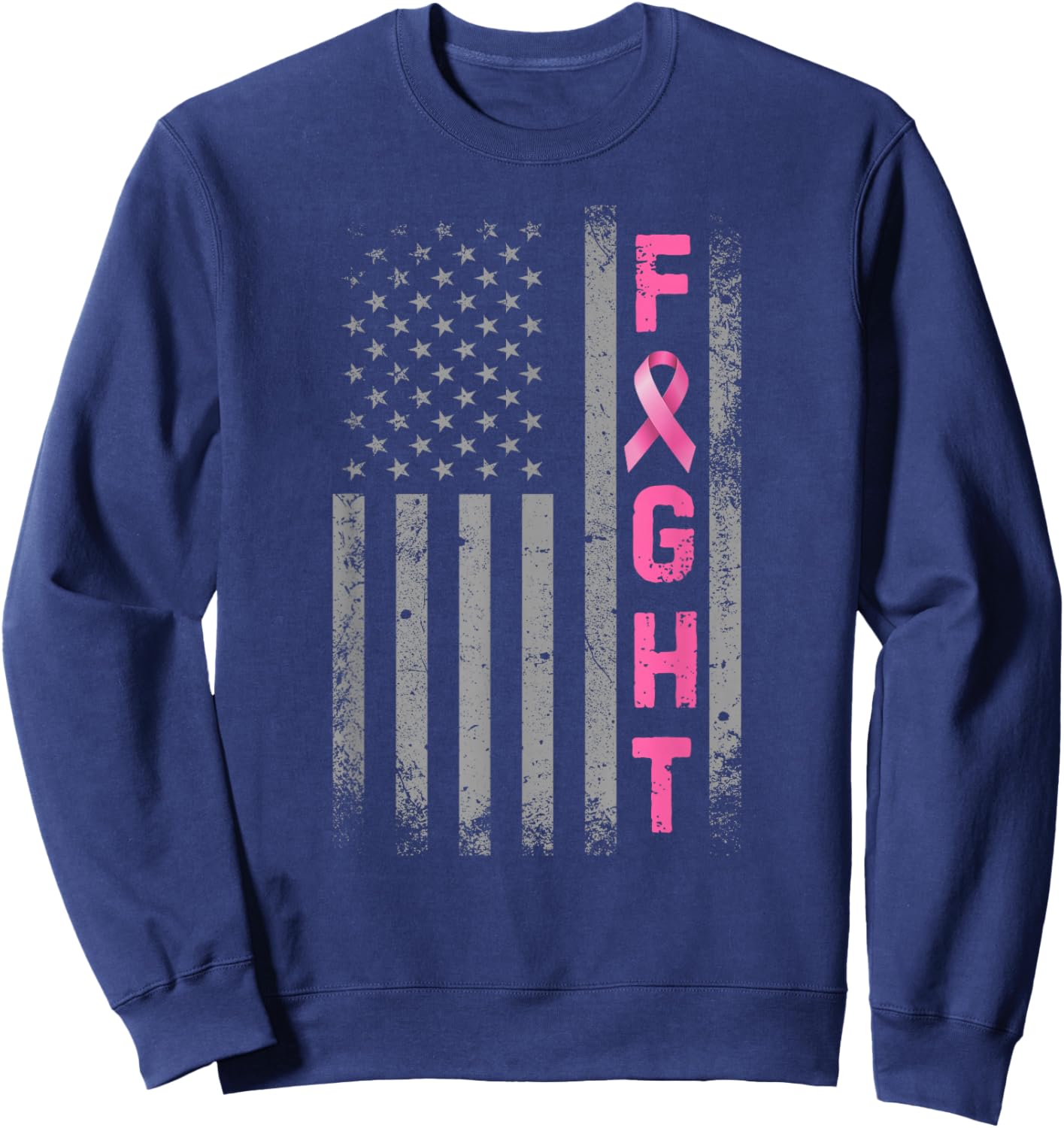 Fight Breast Cancer Awareness Pink Ribbon USA American Flag Sweatshirt - Sweatshirt | Navy