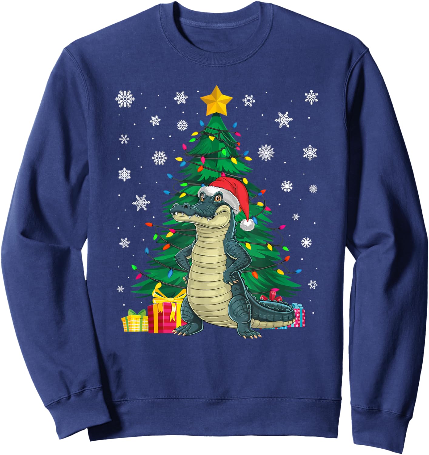 Ugly Sweater Christmas Tree Lights Alligator Santa Hat Xmas Sweatshirt - Sweatshirt | Navy