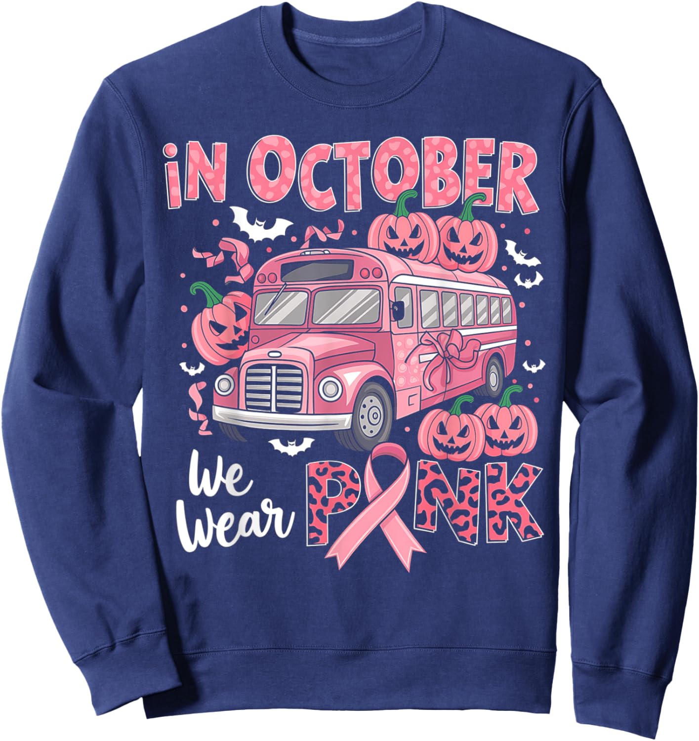 Breast Cancer Awareness School Bus Driver Pink Ribbon Sweatshirt - Sweatshirt | Navy