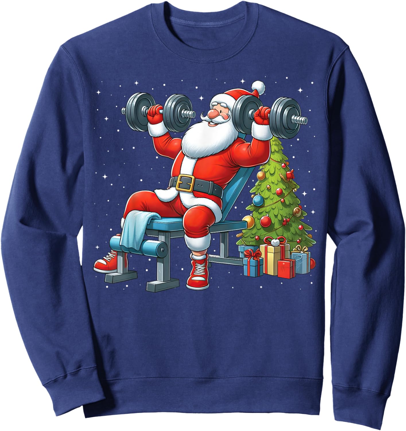 Santa Weightlifting Gym Workout Fitness Christmas Tree Xmas Sweatshirt - Sweatshirt | Navy