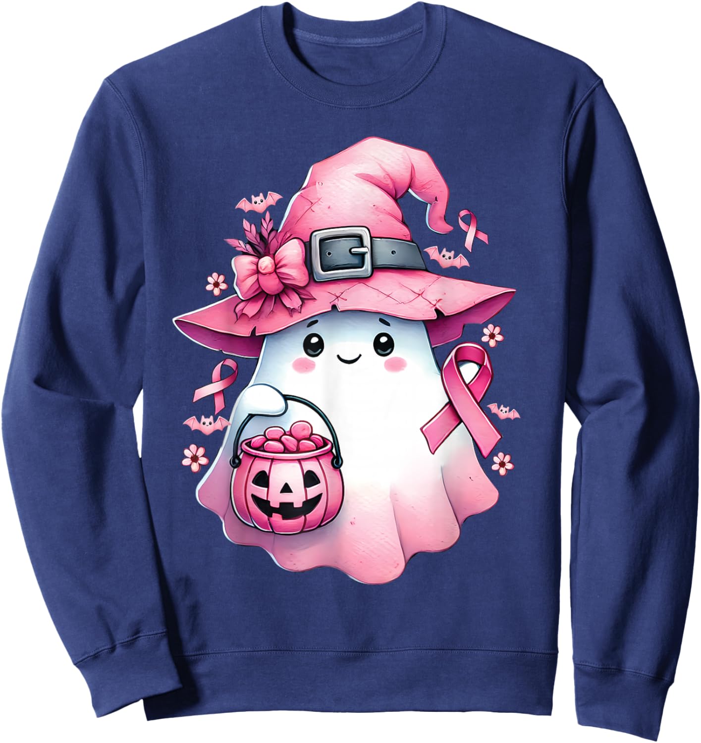 In October We Wear Pink Cute Ghost Pumpkin Breast Cancer Sweatshirt - Sweatshirt | Navy