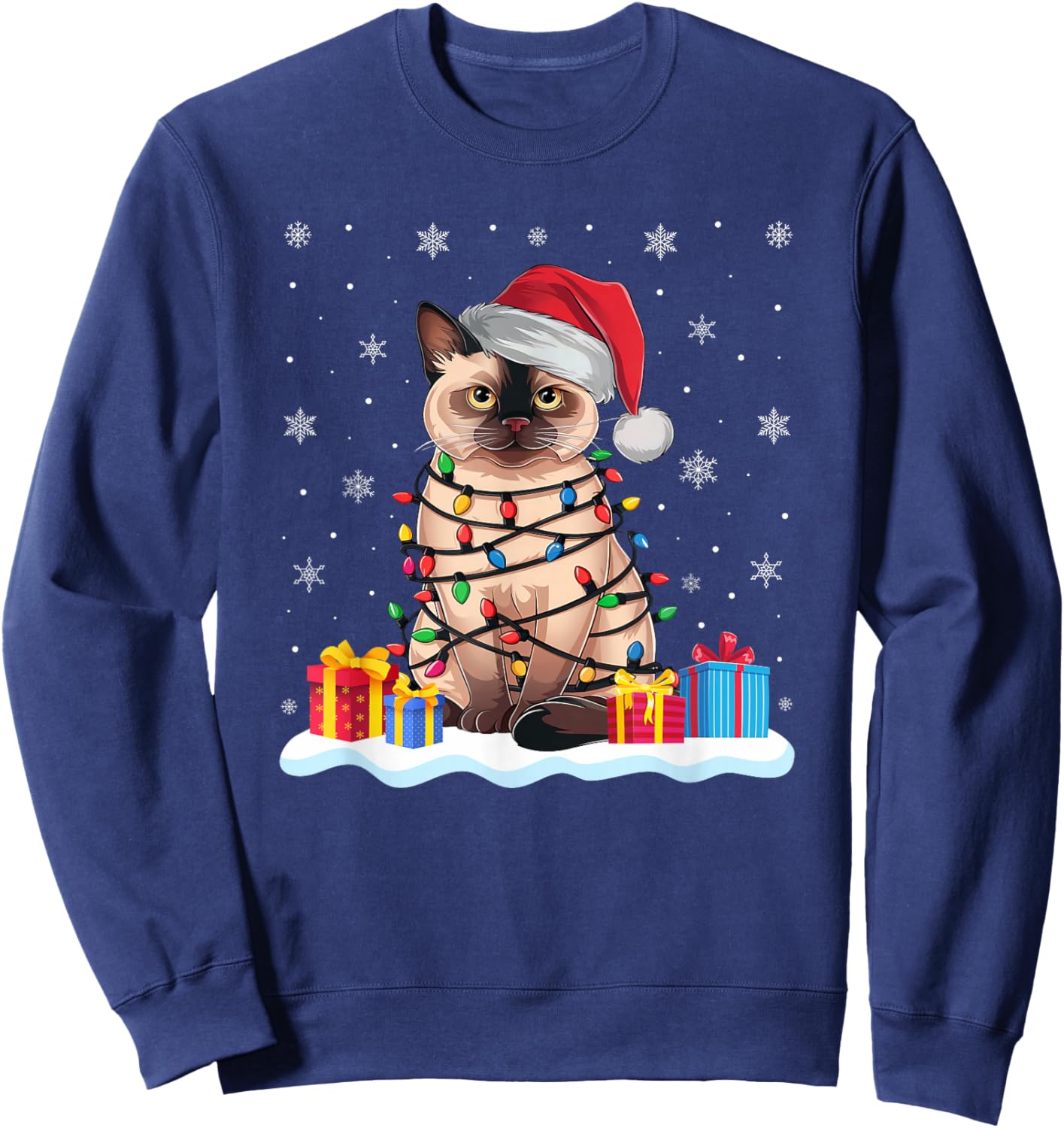 Siamese Cat Santa Hat Christmas Tree Light Xmas Pajama Sweatshirt - Sweatshirt | Navy